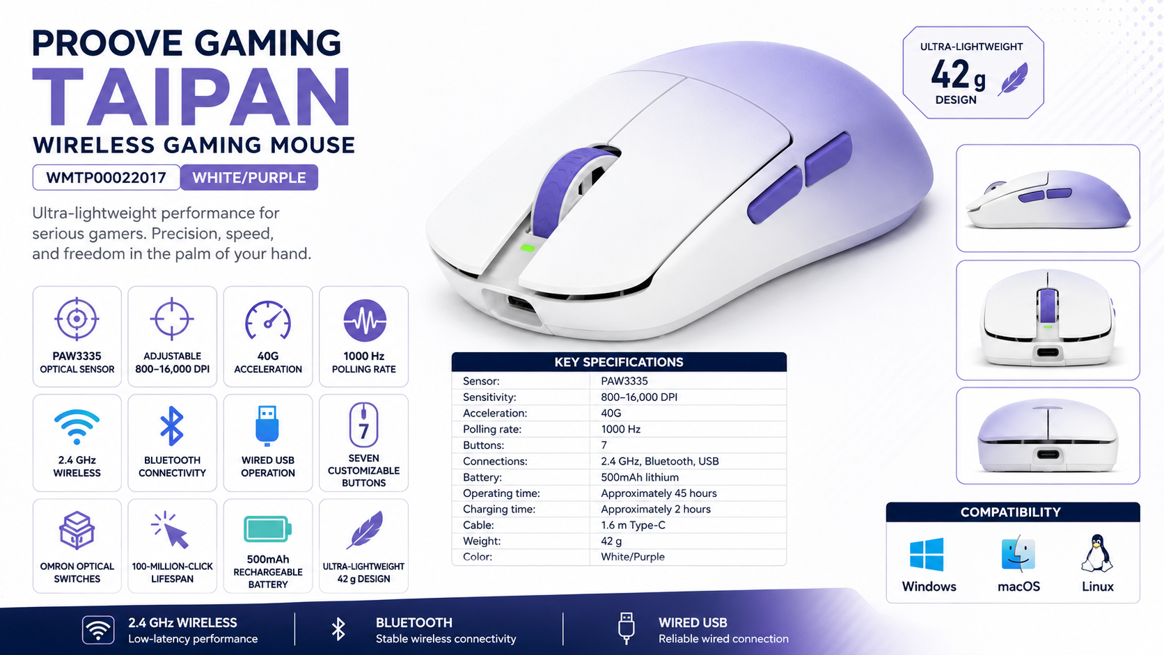 Proove Gaming Taipan Wireless Gaming Mouse White Purple Overview