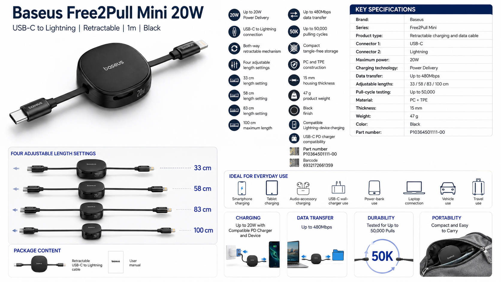 Baseus Free2Pull Mini USB-C to Lightning 20W Retractable Cable Black Overview