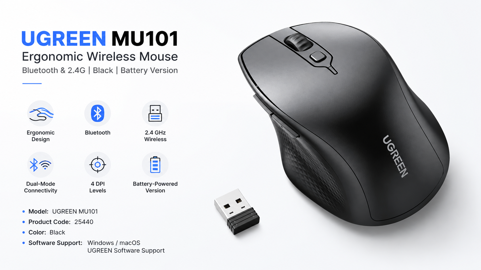 UGREEN MU101 Ergonomic Wireless Mouse Bluetooth and 2.4G Black Battery Version 25440 Overview