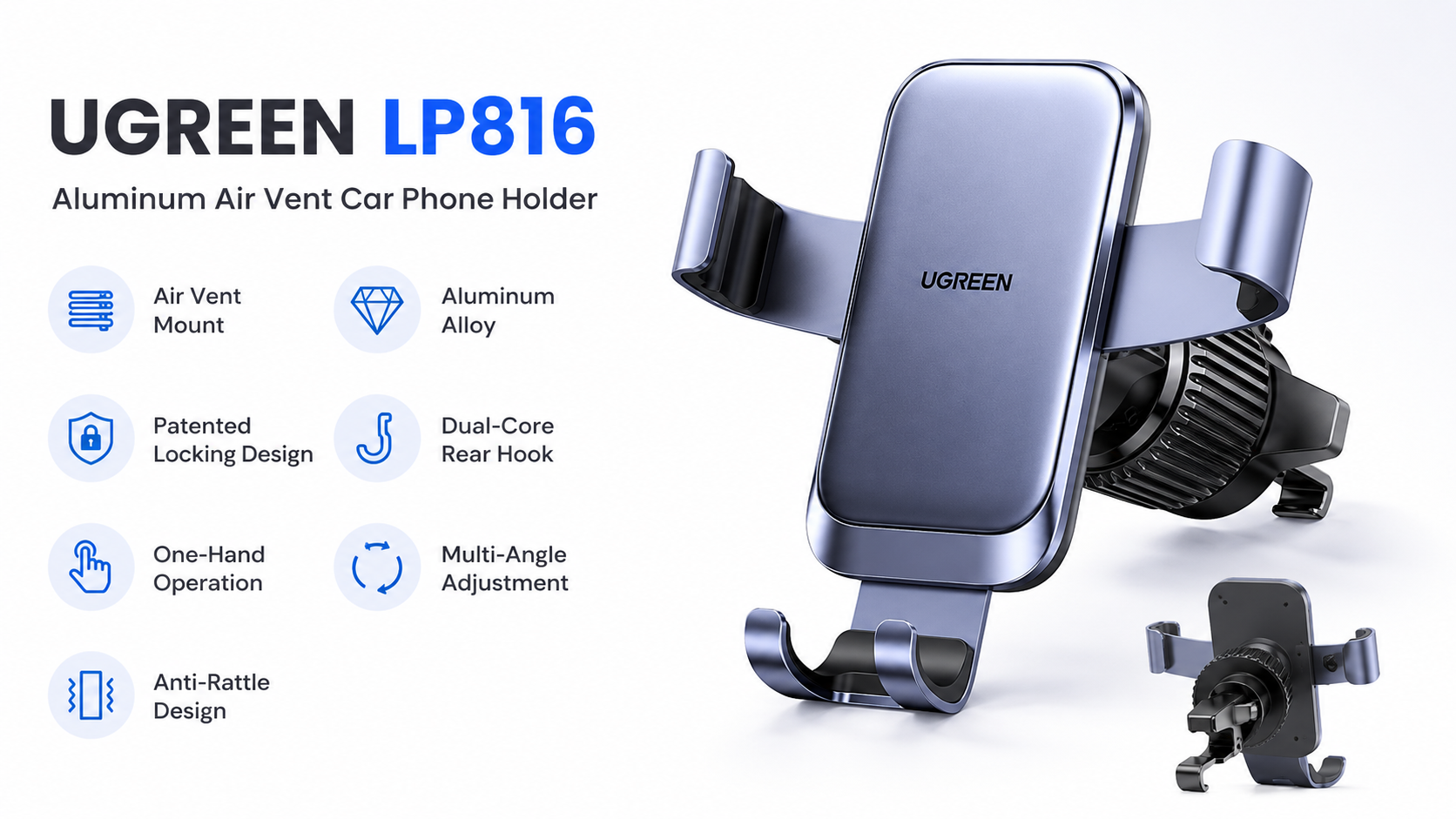 UGREEN LP816 Aluminum Air Vent Car Phone Holder with One-Hand Operation Overview
