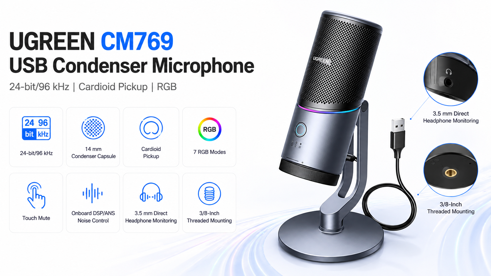 UGREEN CM769 USB Condenser Microphone with RGB 24-bit/96 kHz and Cardioid Pickup Dark Gray Overview