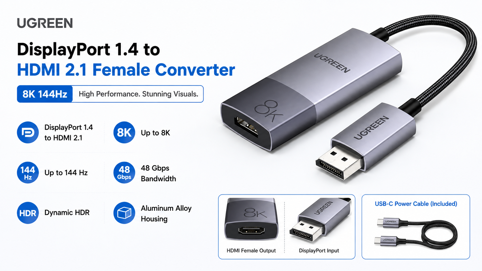 UGREEN DisplayPort 1.4 to HDMI 2.1 Female Converter 8K 144Hz Overview