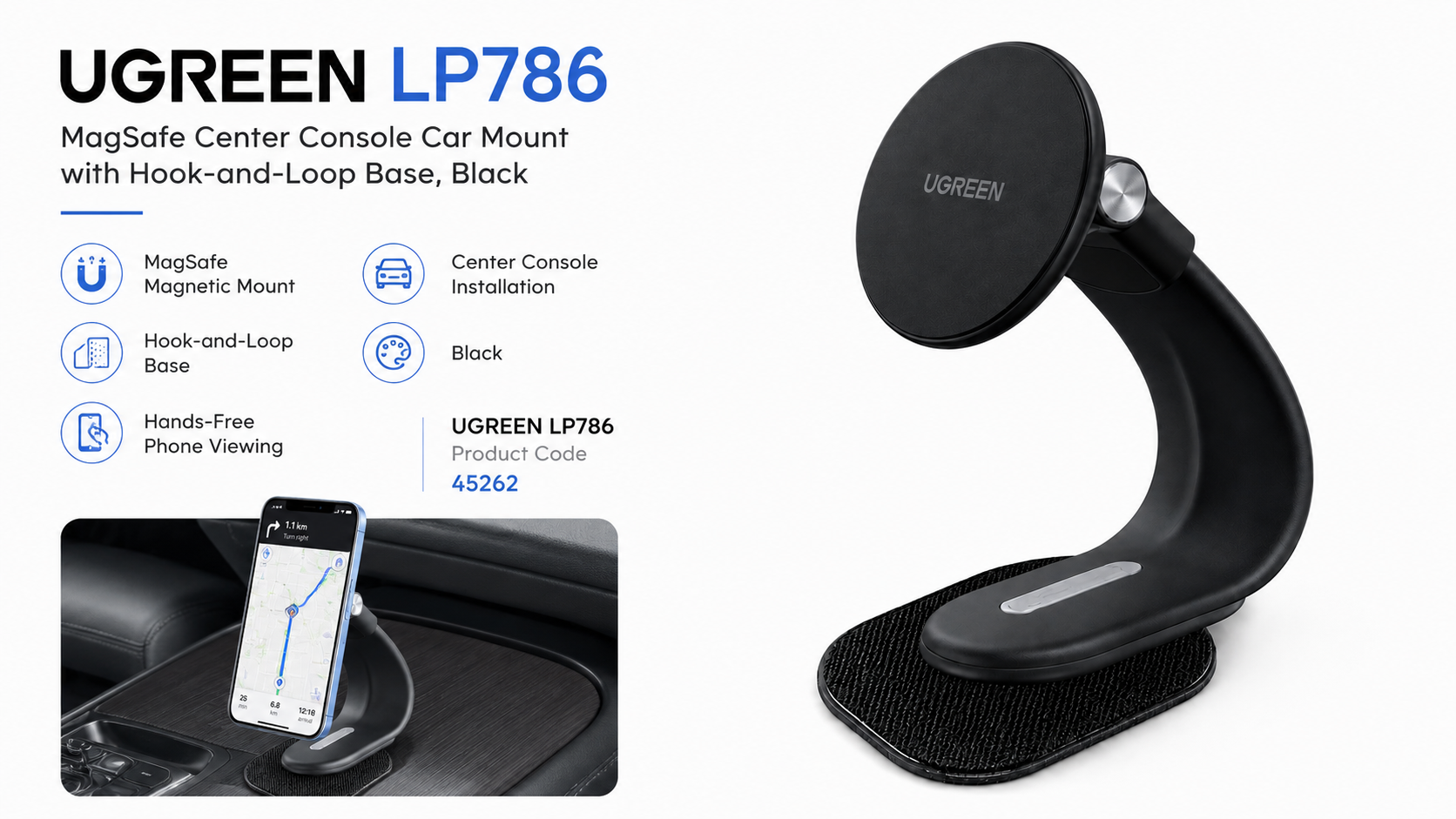 UGREEN LP786 MagSafe Center Console Car Mount with Hook-and-Loop Base Black 45262 Overview