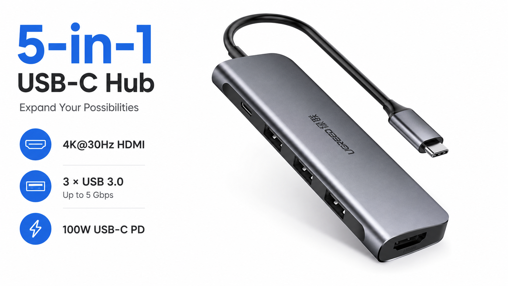 UGREEN 5-in-1 USB-C Hub with 4K@30Hz HDMI 3 USB 3.0 and 100W PD Overview