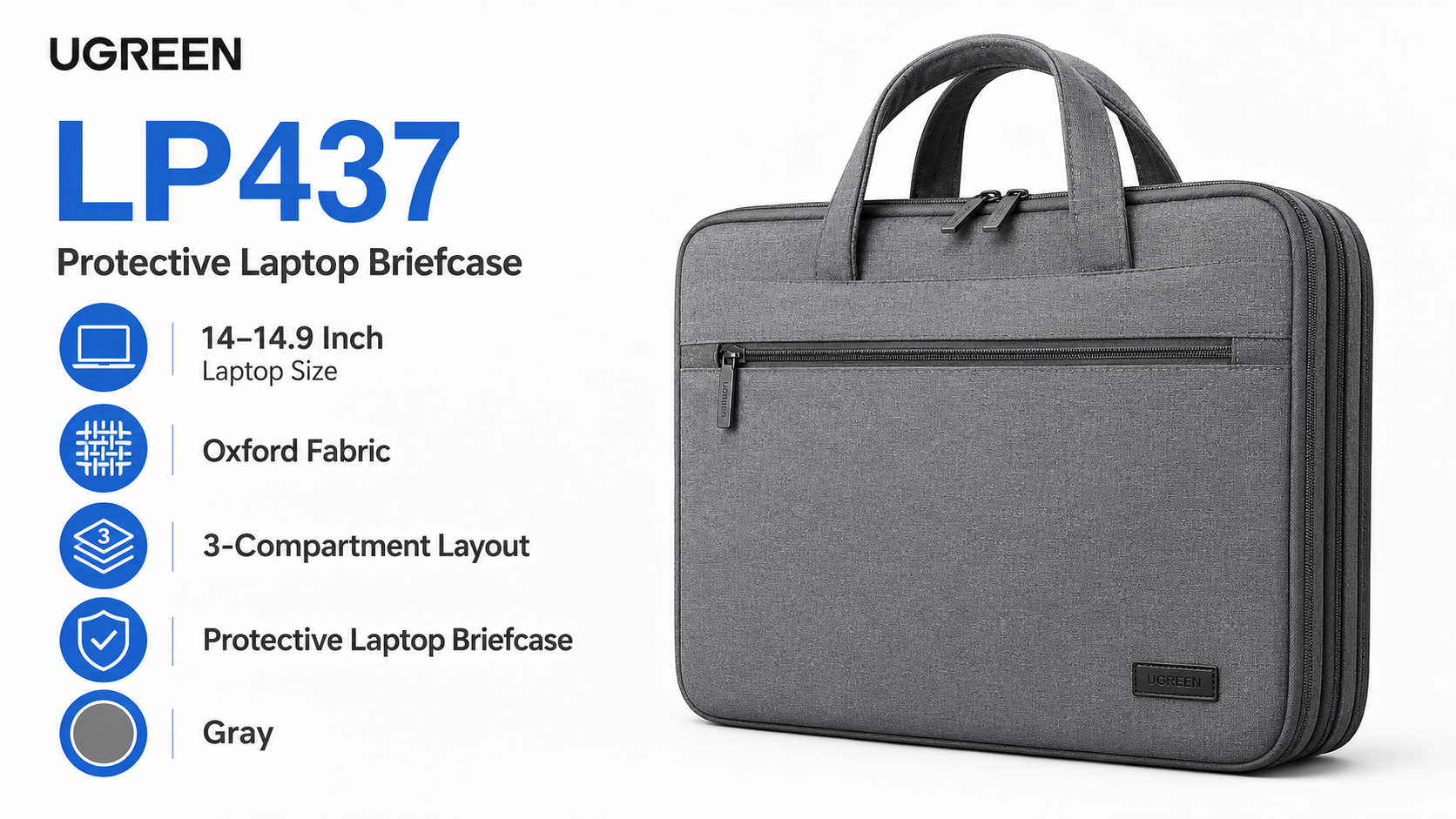 UGREEN LP437 3-Compartment Oxford Fabric Laptop Briefcase for 14–14.9 Inch Gray Overview