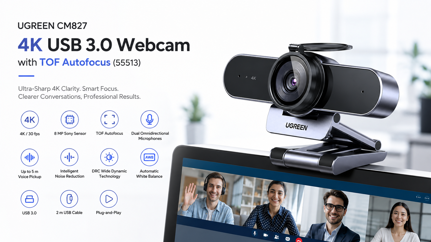UGREEN CM827 4K USB 3.0 Webcam with TOF Autofocus 55513 Overview