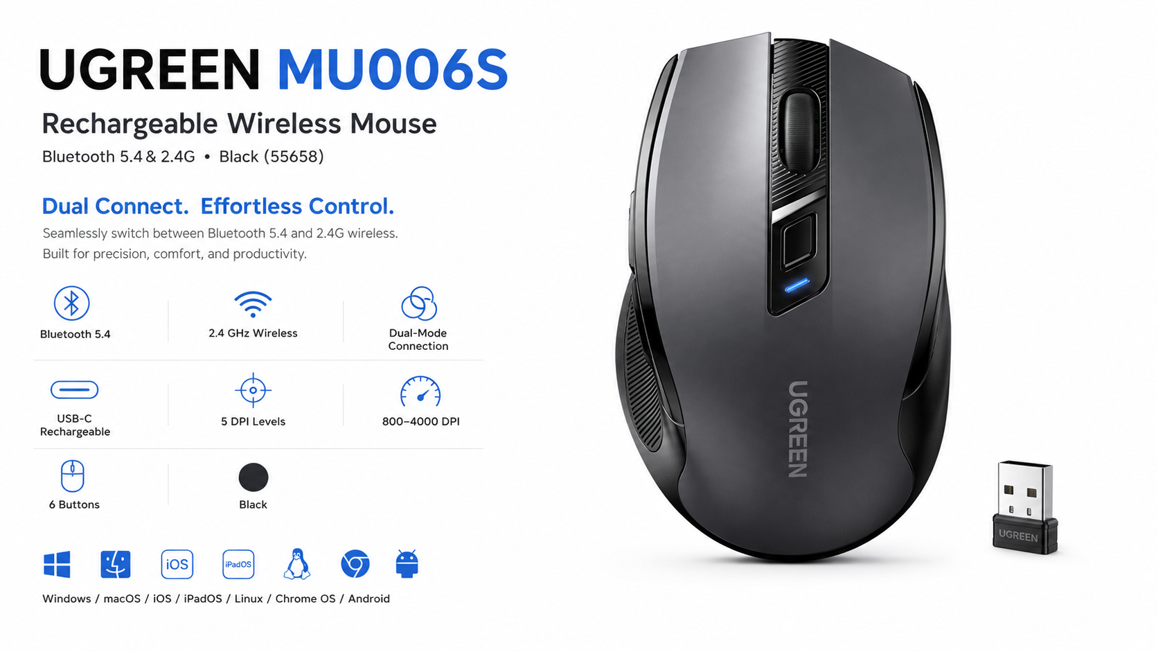 UGREEN MU006S Rechargeable Wireless Mouse Bluetooth 5.4 and 2.4G Black 55658 Overview