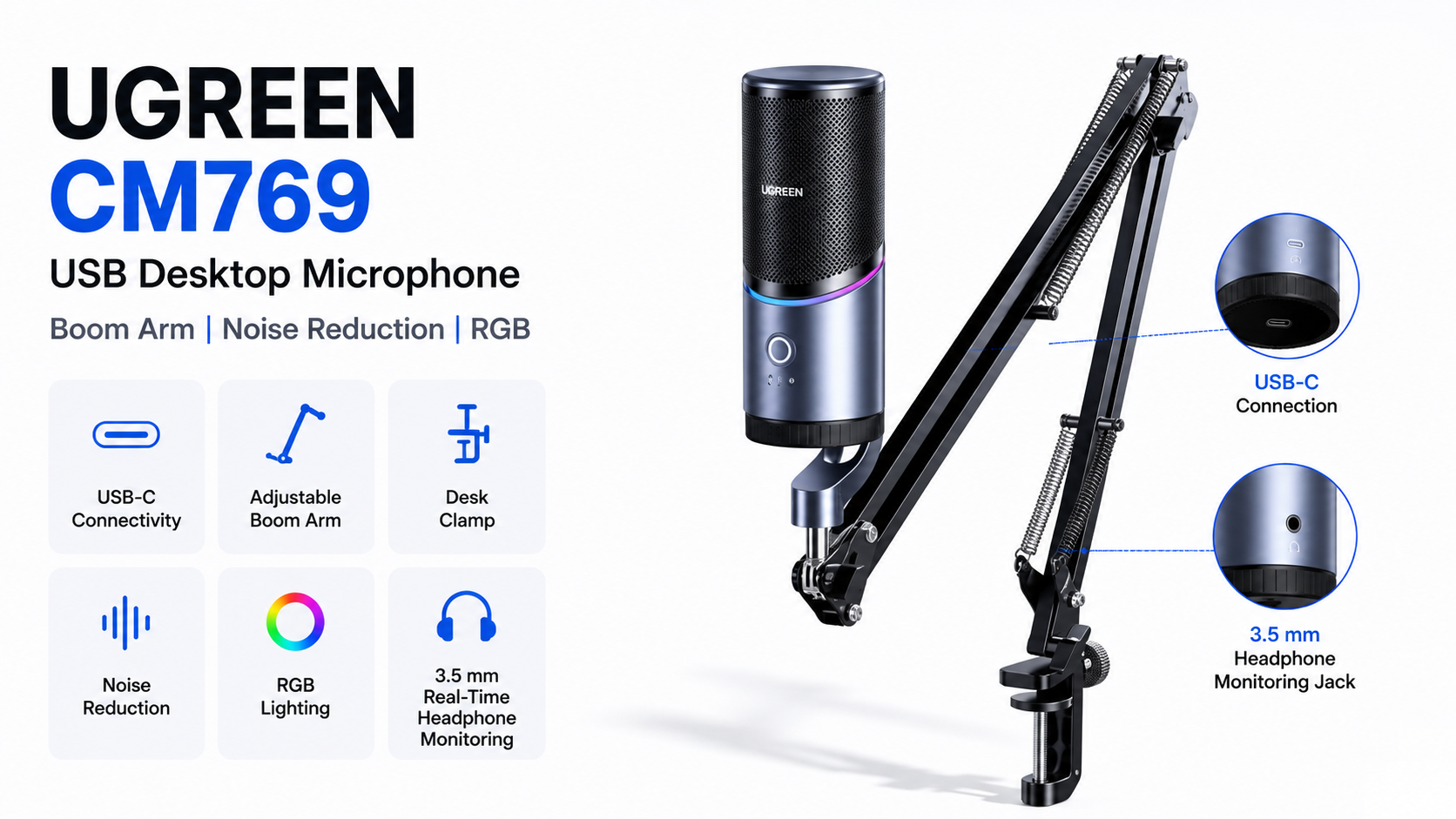 UGREEN CM769 USB Desktop Microphone with Boom Arm Noise Reduction and RGB Overview