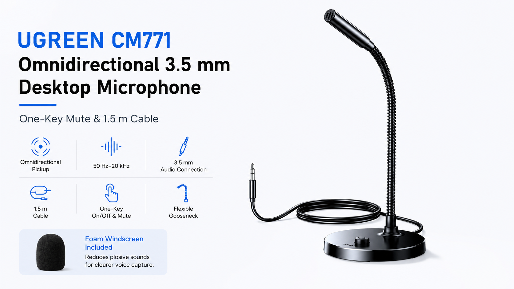 UGREEN CM771 Omnidirectional 3.5 mm Desktop Microphone with One-Key Mute and 1.5 m Cable Overview