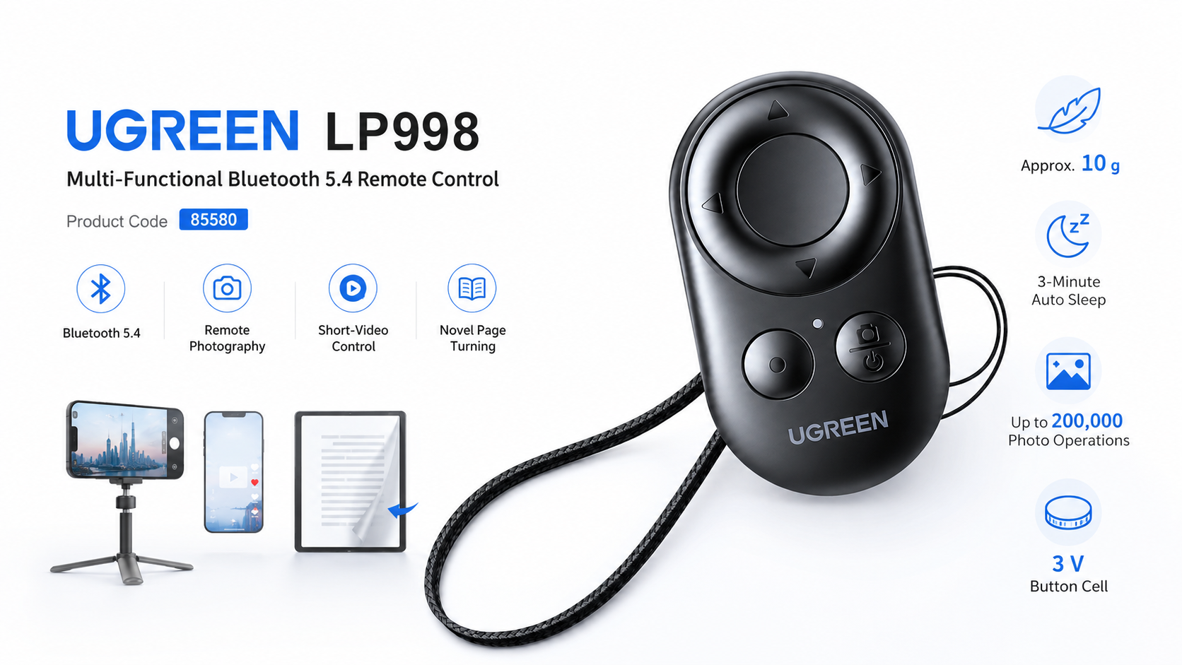 UGREEN LP998 Multi-Functional Bluetooth 5.4 Remote Control 85580 Overview