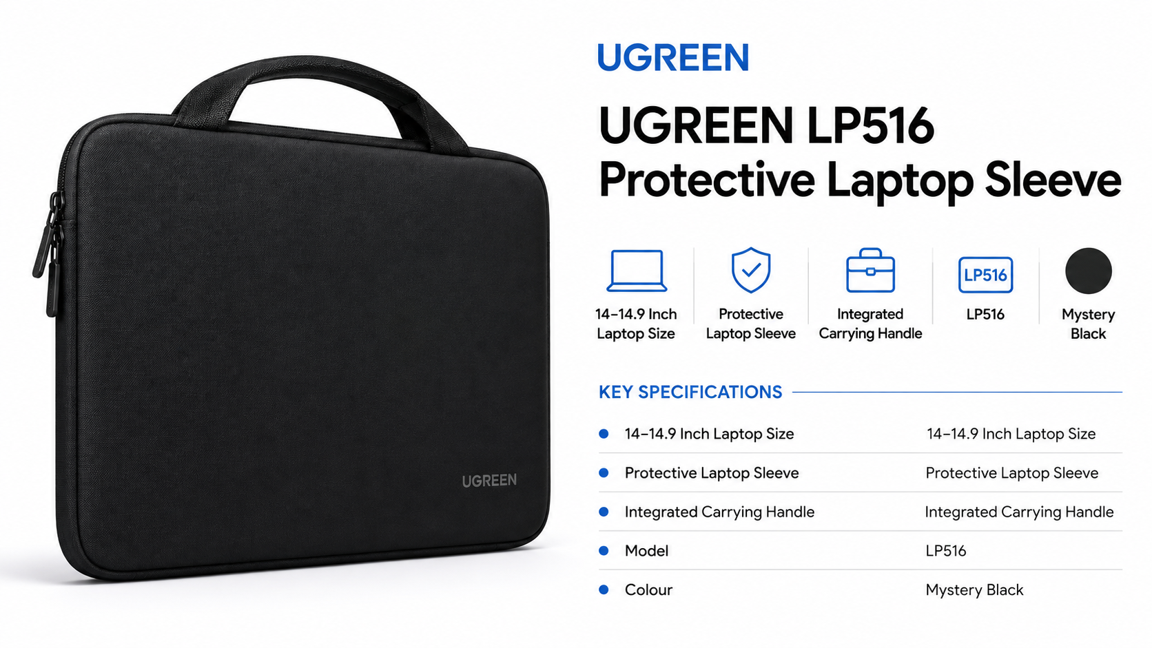 UGREEN LP516 Protective Laptop Sleeve with Handle for 14–14.9 Inch Mystery Black Overview