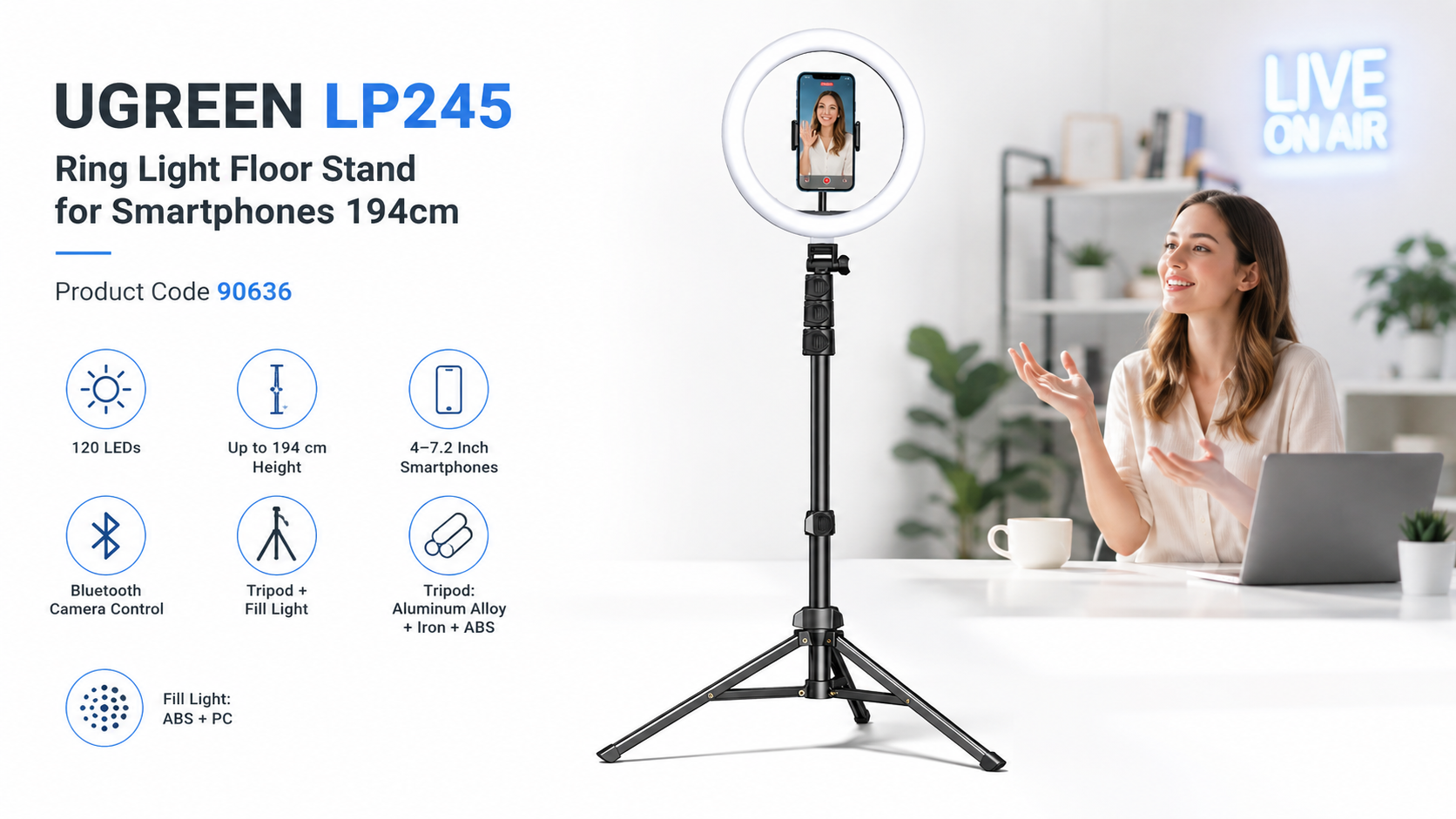 UGREEN LP245 Ring Light Floor Stand for Smartphones 194cm 90636 Overview