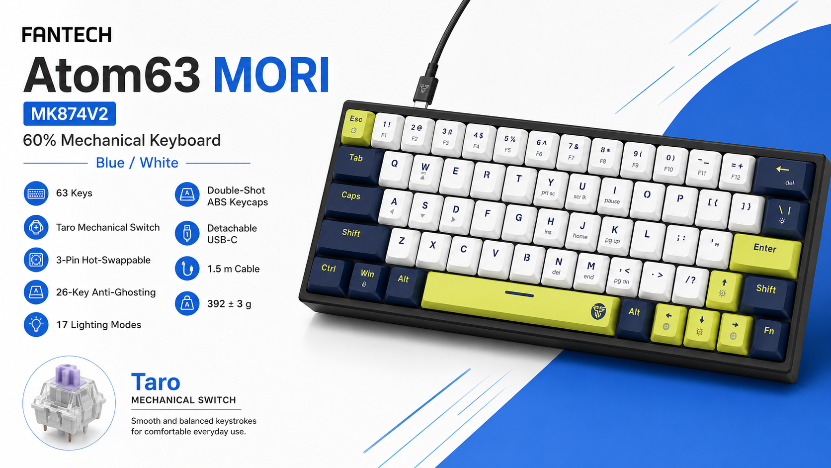 Fantech Atom63 MORI MK874V2 60% Mechanical Keyboard Taro Switch Blue/White Overview