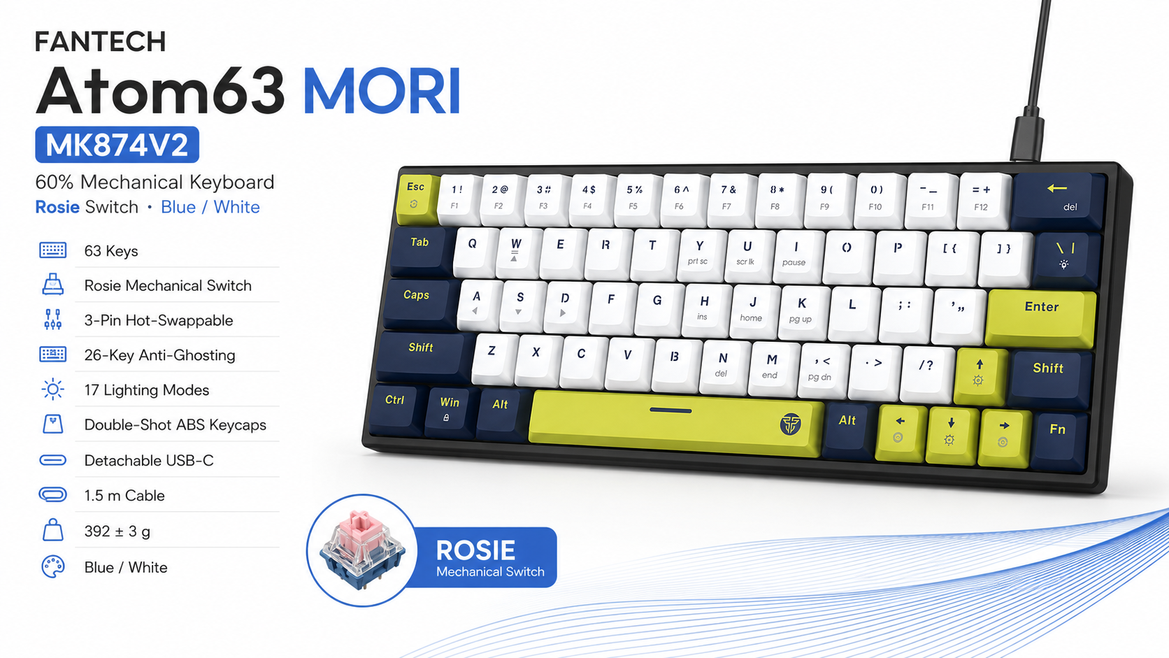 Fantech Atom63 MORI MK874V2 60% Mechanical Keyboard Rosie Switch Blue/White Overview