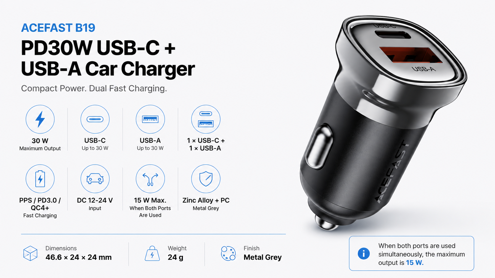 ACEFAST B19 PD30W USB-C and USB-A Car Charger Metal Grey Overview