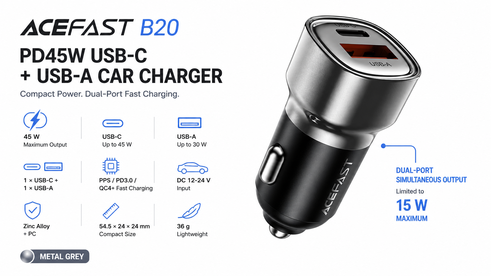 ACEFAST B20 PD45W USB-C and USB-A Car Charger Metal Grey Overview