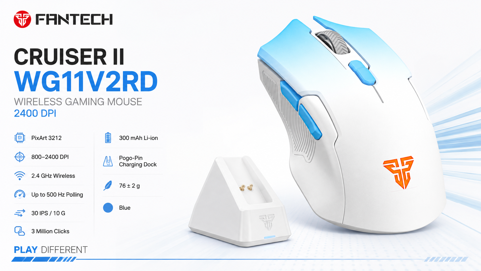 Fantech Cruiser II WG11V2RD Wireless Gaming Mouse 2400 DPI with Charging Dock Blue Overview