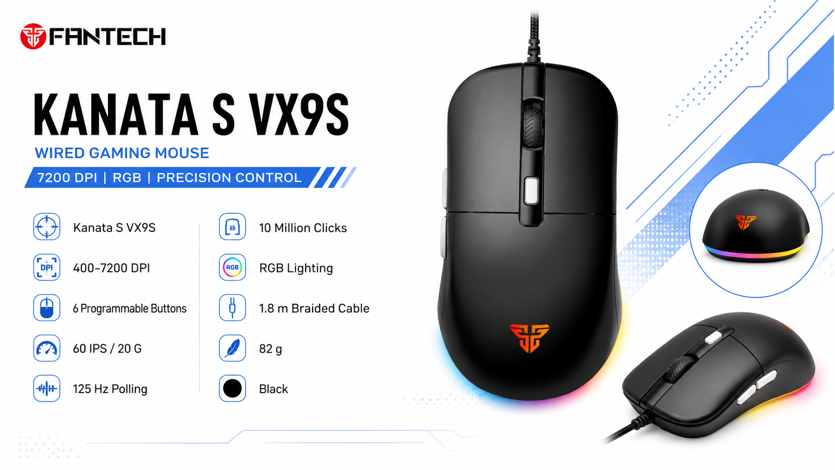 Fantech Kanata S VX9S Wired Gaming Mouse 7200 DPI RGB Black Overview