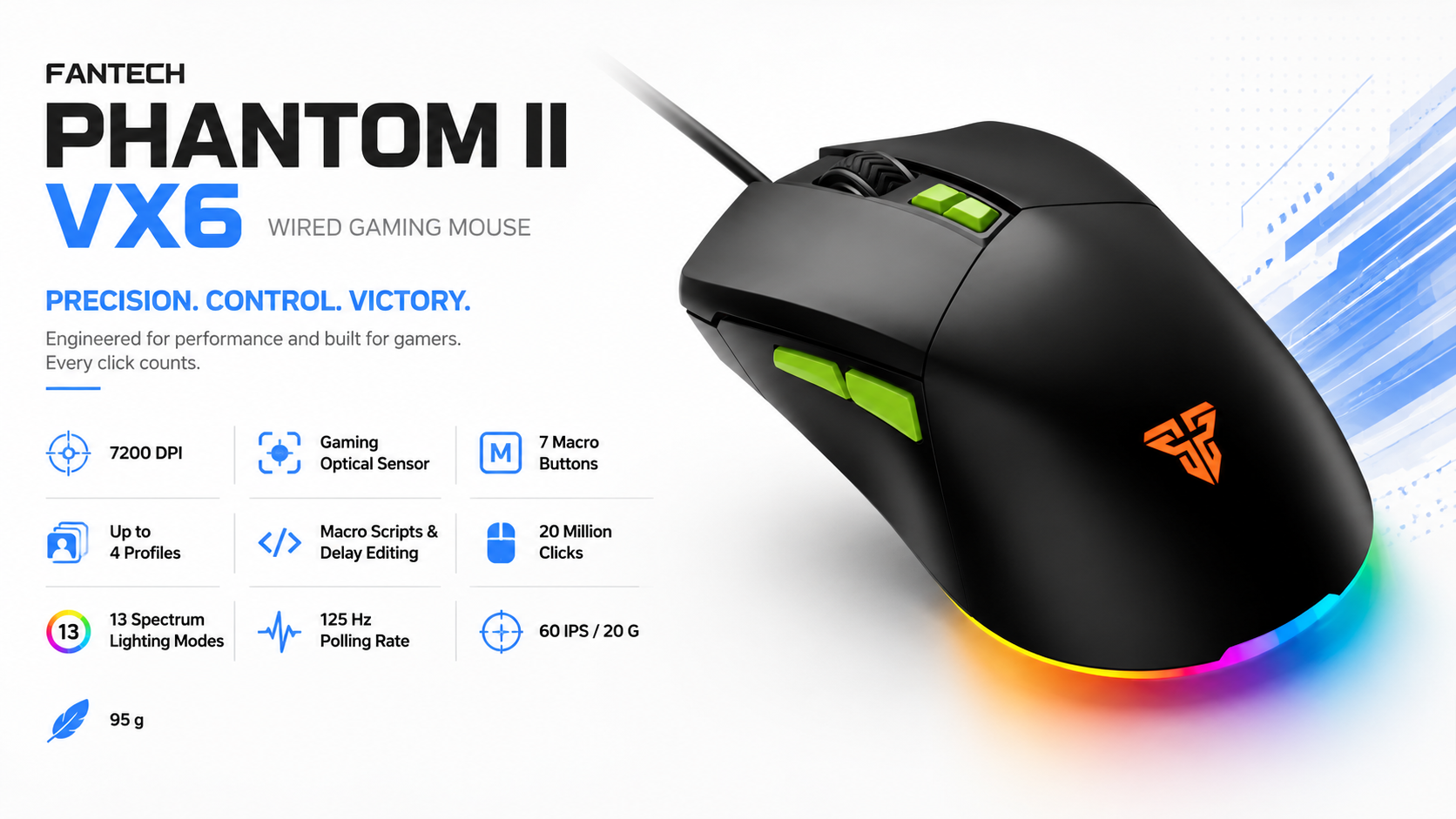 Fantech Phantom II VX6 Wired Gaming Mouse 7200 DPI Black Overview