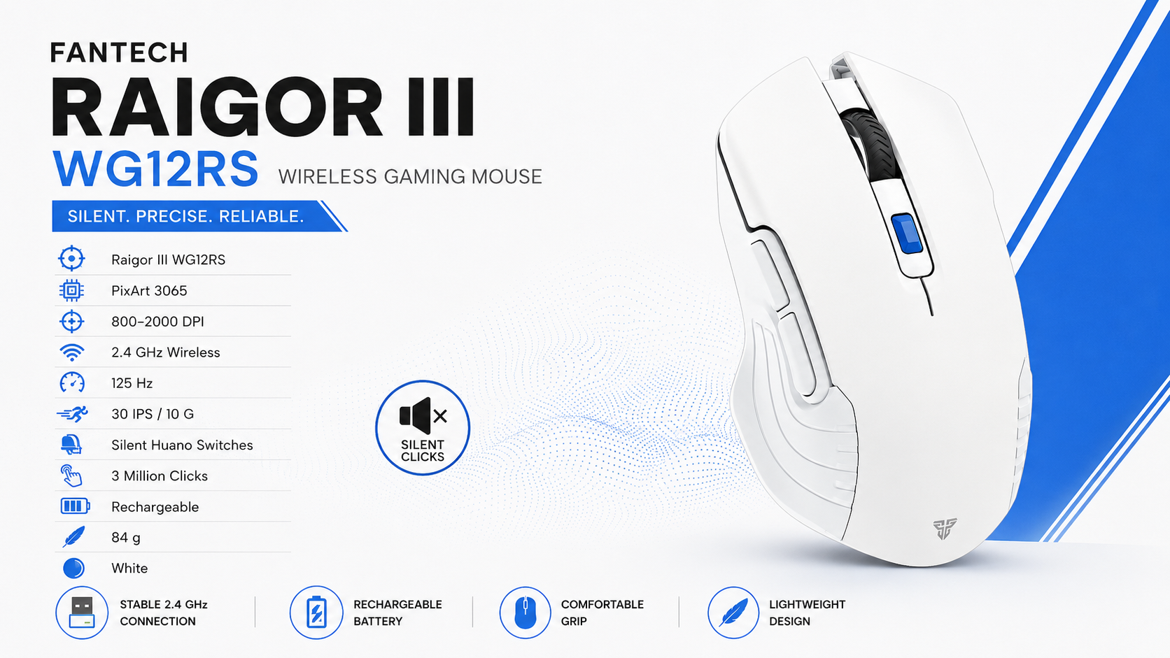Fantech Raigor III WG12RS Wireless Gaming Mouse 2000 DPI Silent White Overview