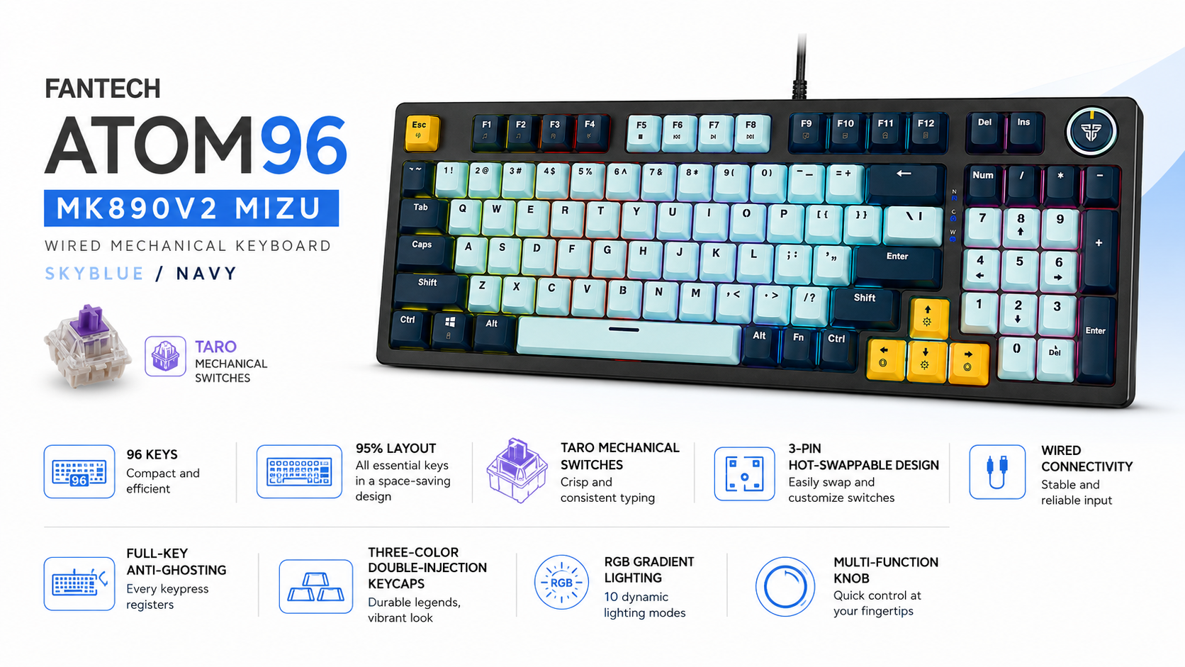 Fantech ATOM96 MK890V2 MIZU Wired Mechanical Keyboard SkyBlue Navy Taro Switch Overview