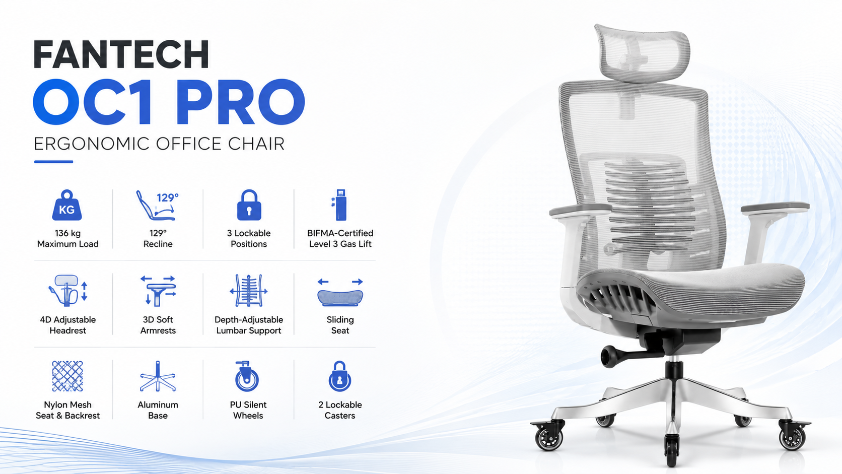 Fantech OC1 PRO Ergonomic Office Chair White Overview