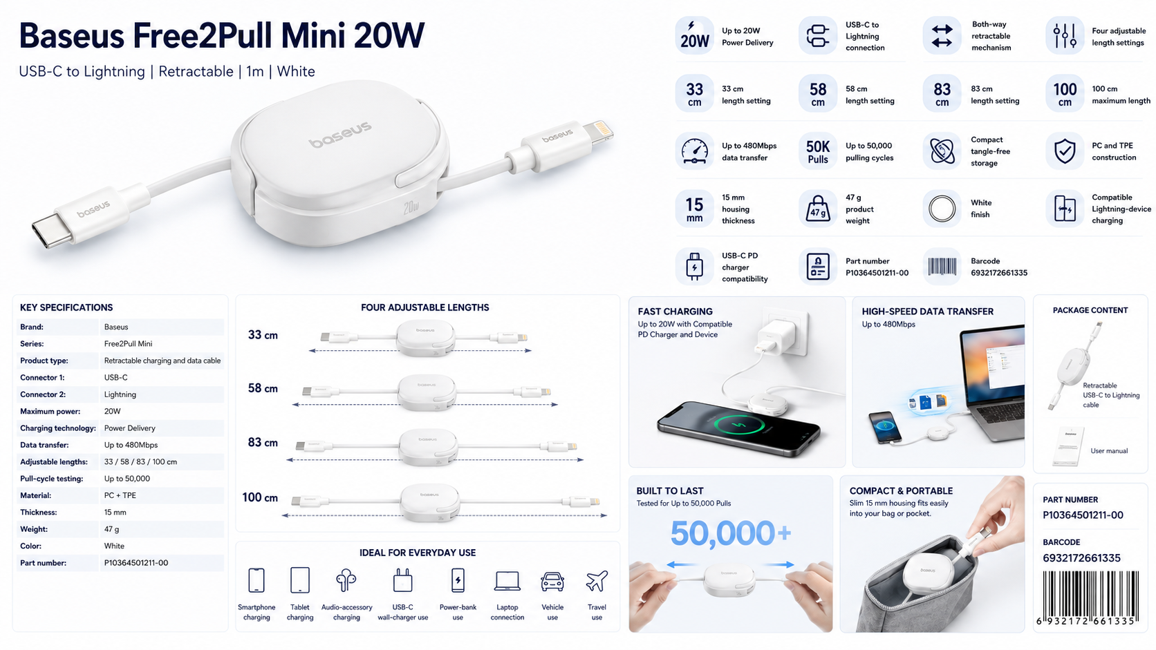 Baseus Free2Pull Mini USB-C to Lightning 20W Retractable Cable White Overview