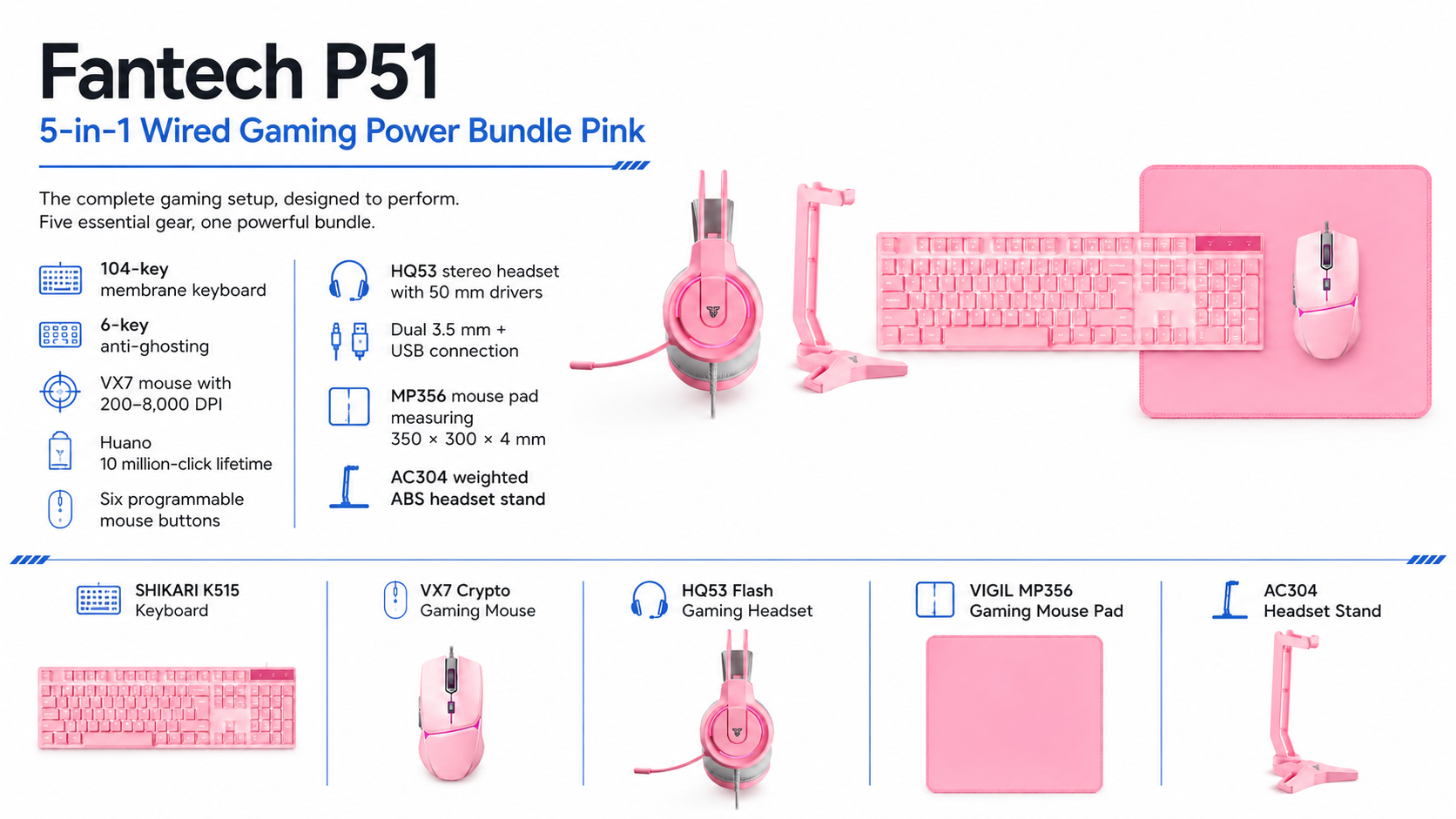 Fantech P51 5-in-1 Wired Gaming Power Bundle Pink Overview