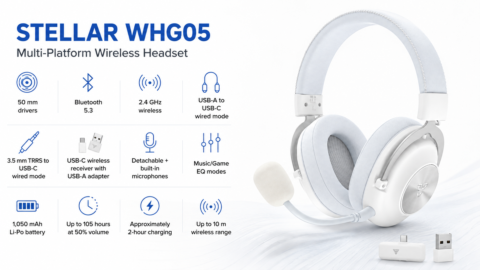 Fantech STELLAR WHG05 Multi-Platform Wireless Headset White Overview