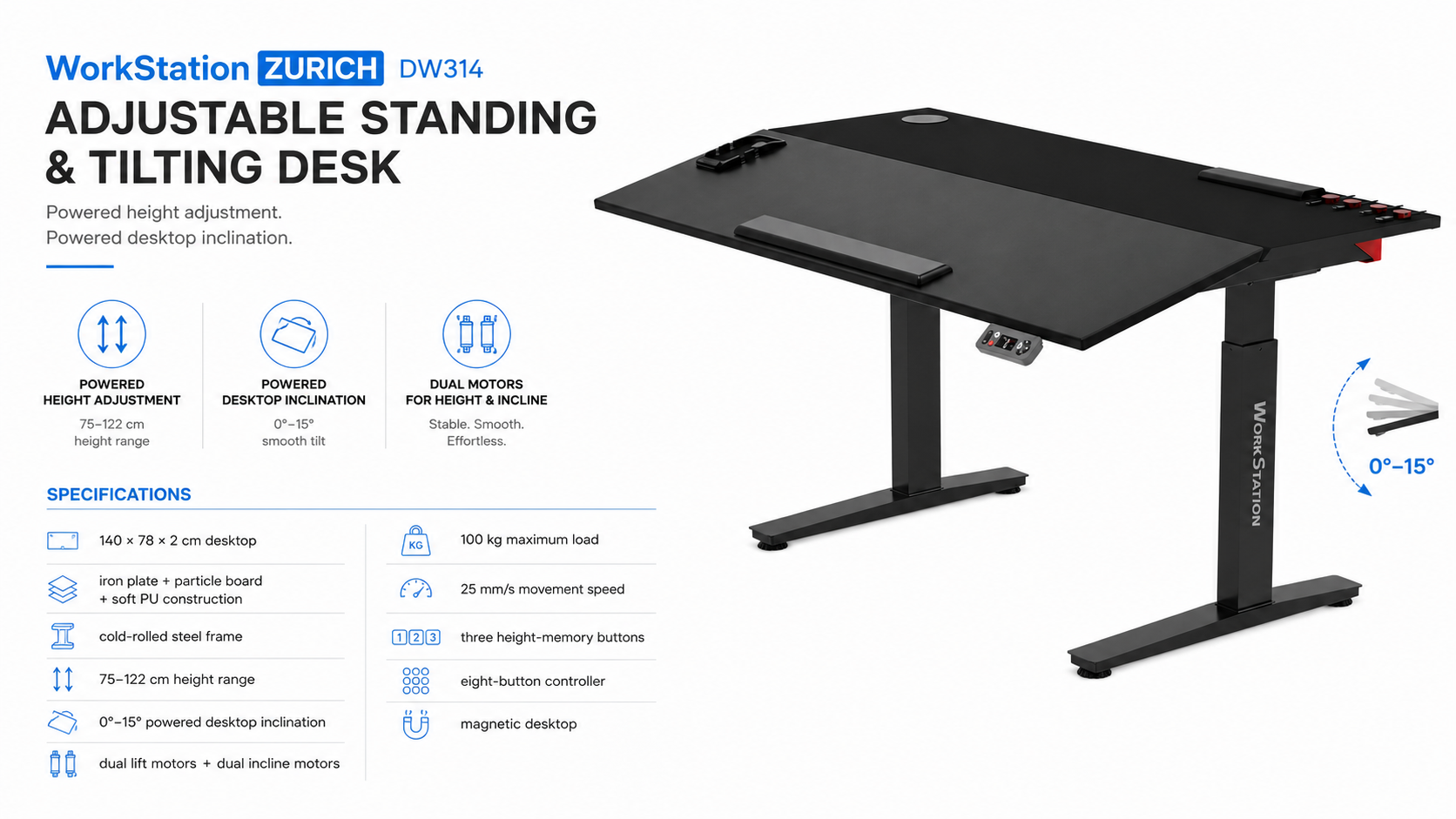 Fantech WorkStation ZURICH DW314 Adjustable Standing and Tilting Desk Overview