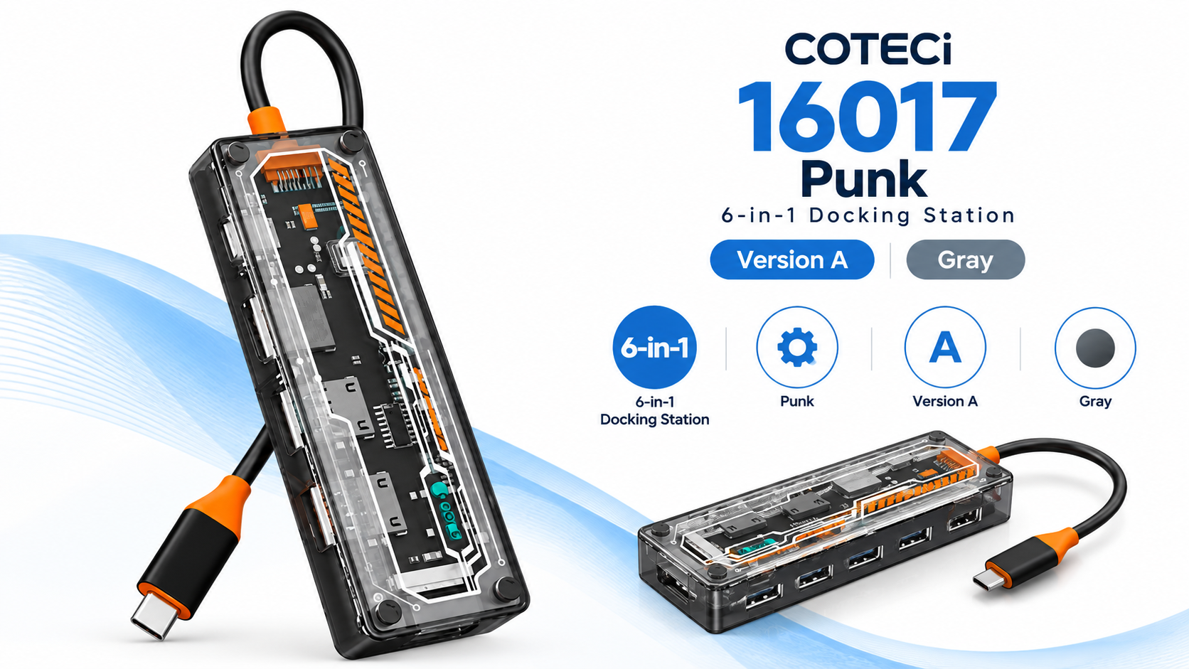 COTECi 16017 Punk 6-in-1 A Docking Station Gray Overview