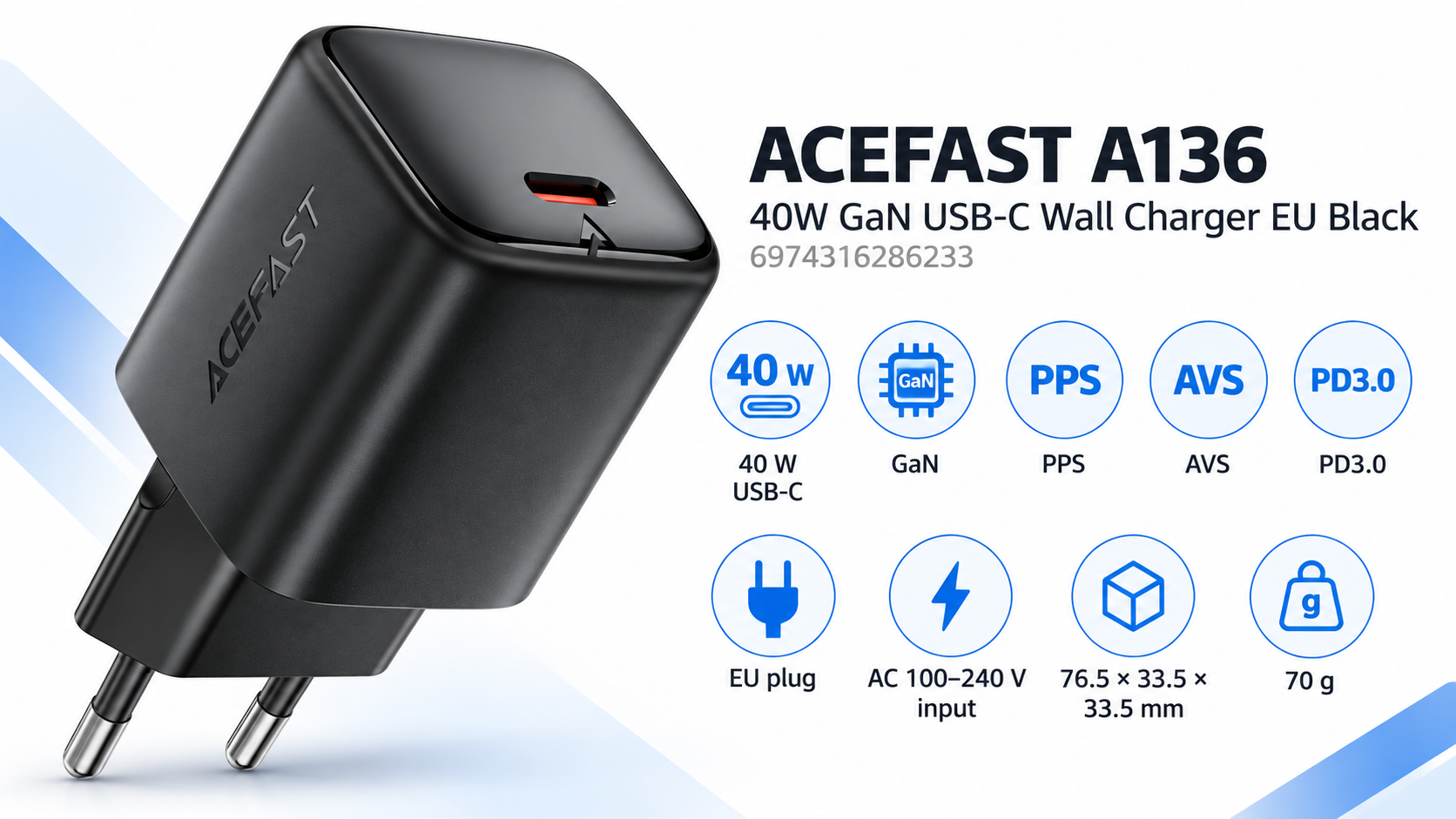 ACEFAST A136 40W GaN USB-C Wall Charger EU Black Overview