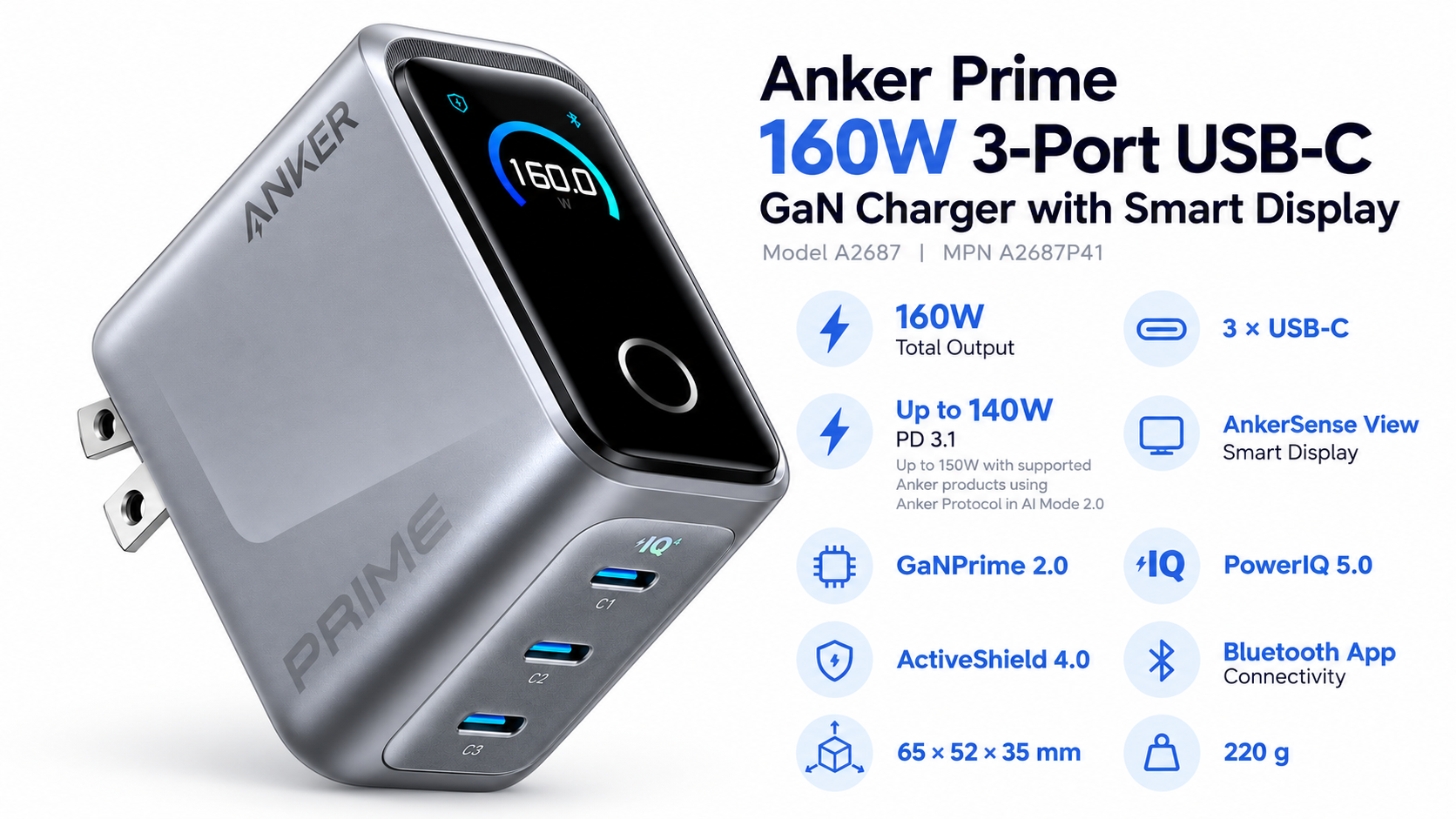 Anker Prime 160W 3-Port USB-C GaN Charger with Smart Display Black Overview