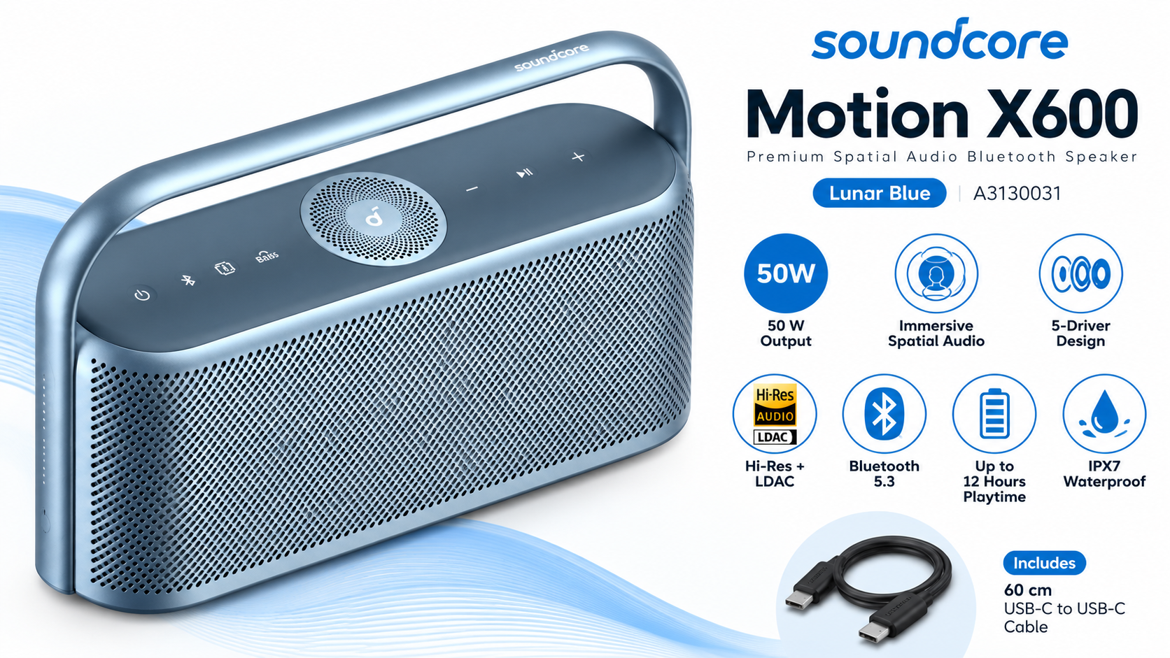 Anker soundcore Motion X600 50W Spatial Audio Wireless Speaker Lunar Blue Overview