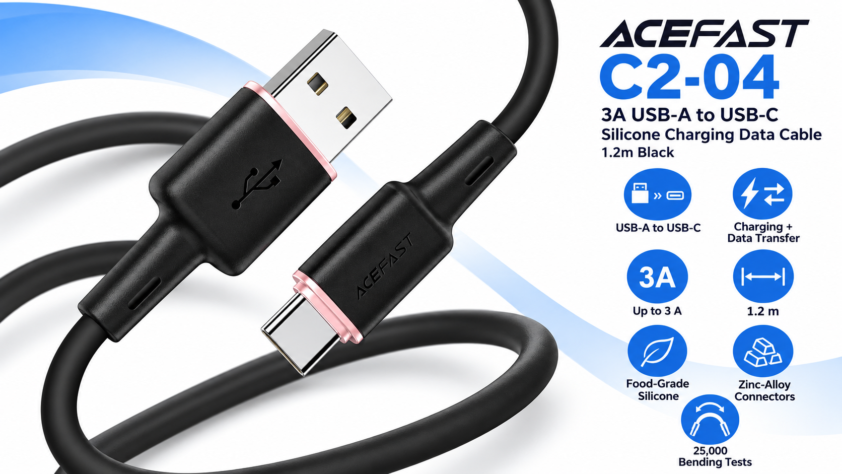 ACEFAST C2-04 3A USB-A to USB-C Silicone Charging Data Cable 1.2m Black Overview