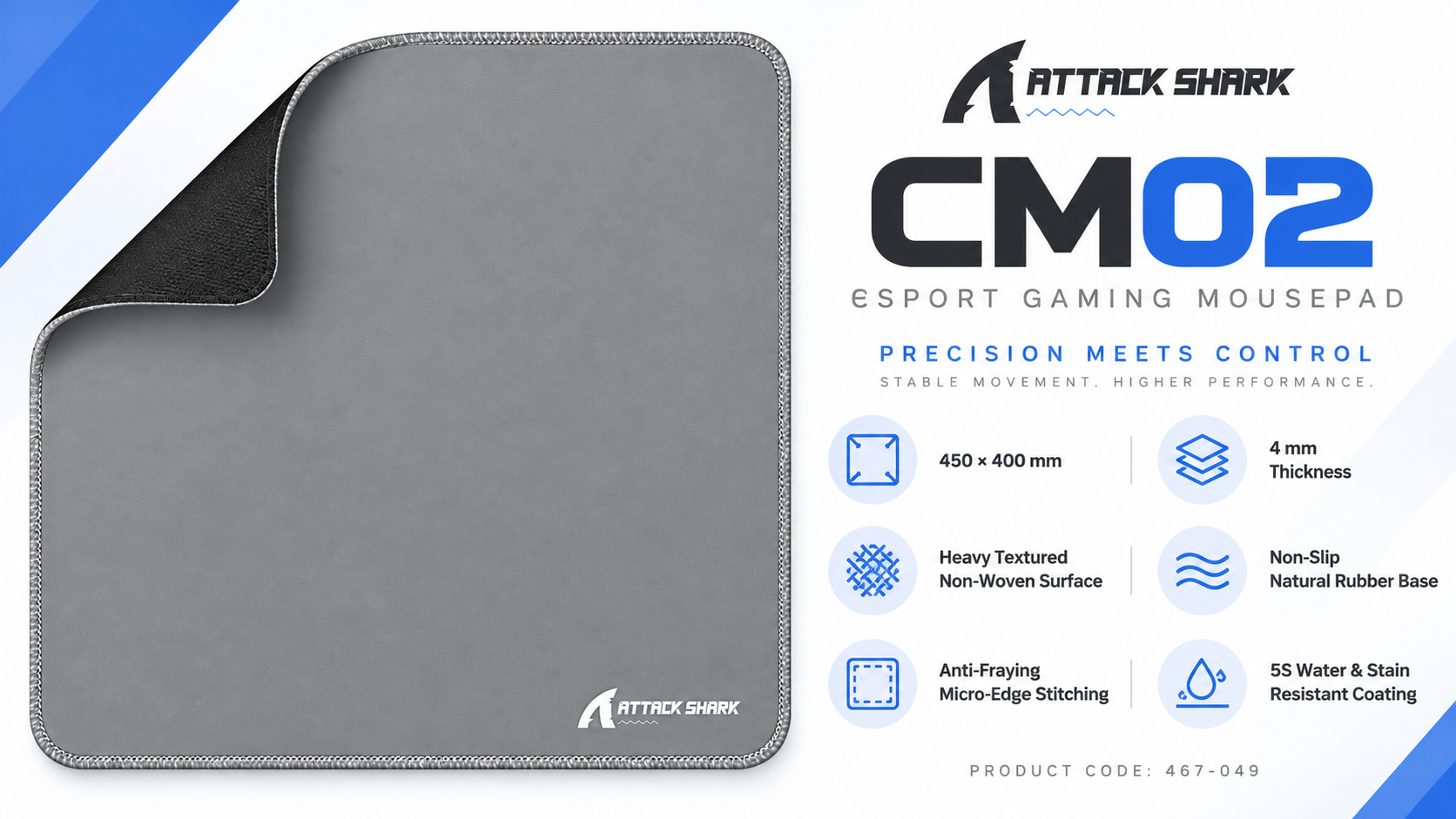 ATTACK SHARK CM02 eSport Gaming Mousepad Gray 450 × 400 × 4 mm Overview