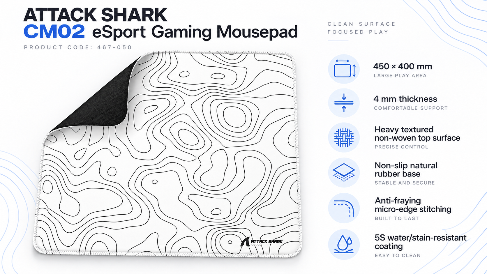 ATTACK SHARK CM02 eSport Gaming Mousepad White Contour 450 × 400 × 4 mm Overview