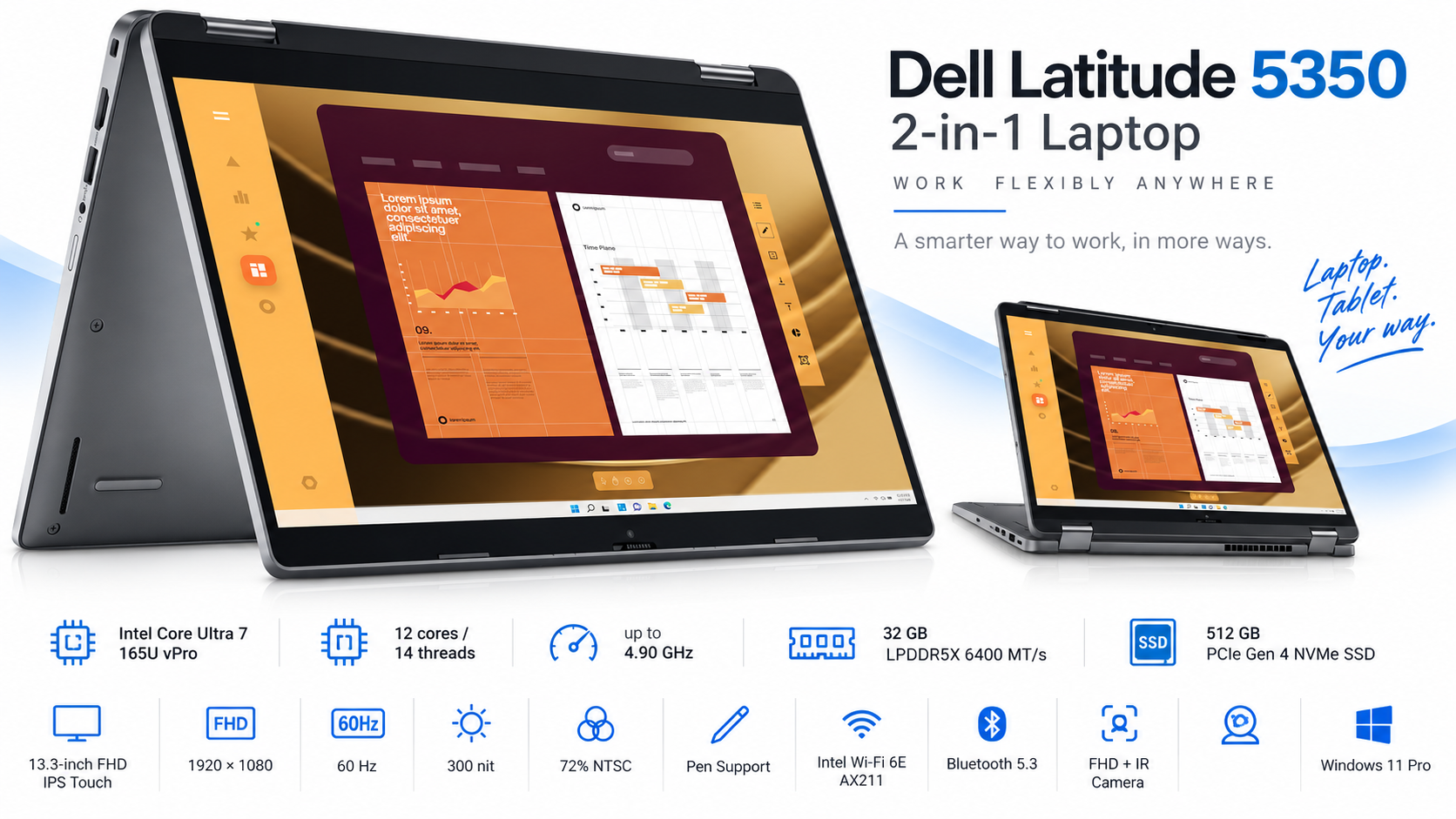Dell Latitude 5350 2-in-1 Core Ultra 7 165U vPro 32GB 512GB Touch Laptop Overview