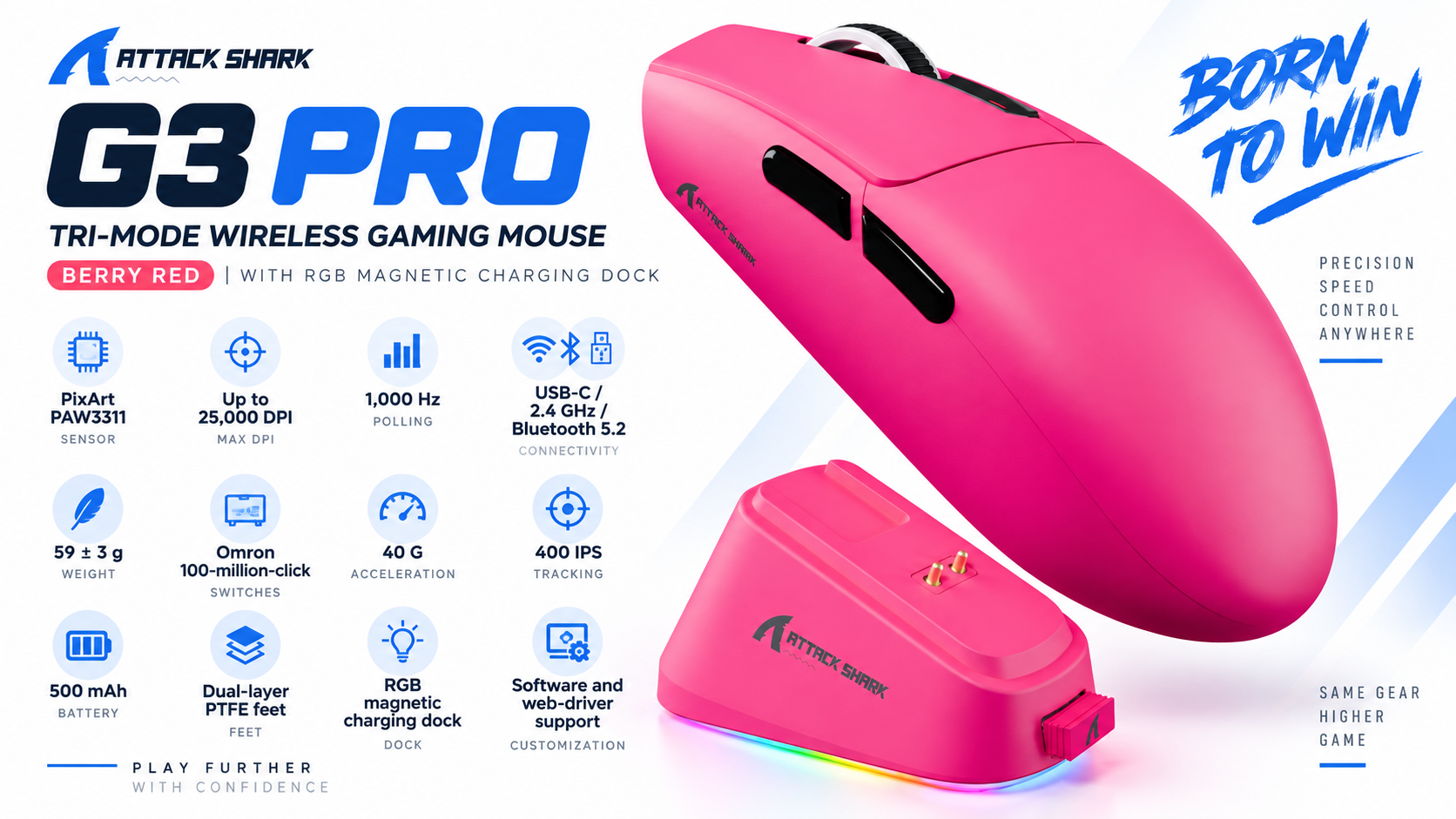 ATTACK SHARK G3 PRO Tri-Mode Wireless Gaming Mouse Berry Red with RGB Charging Dock Overview