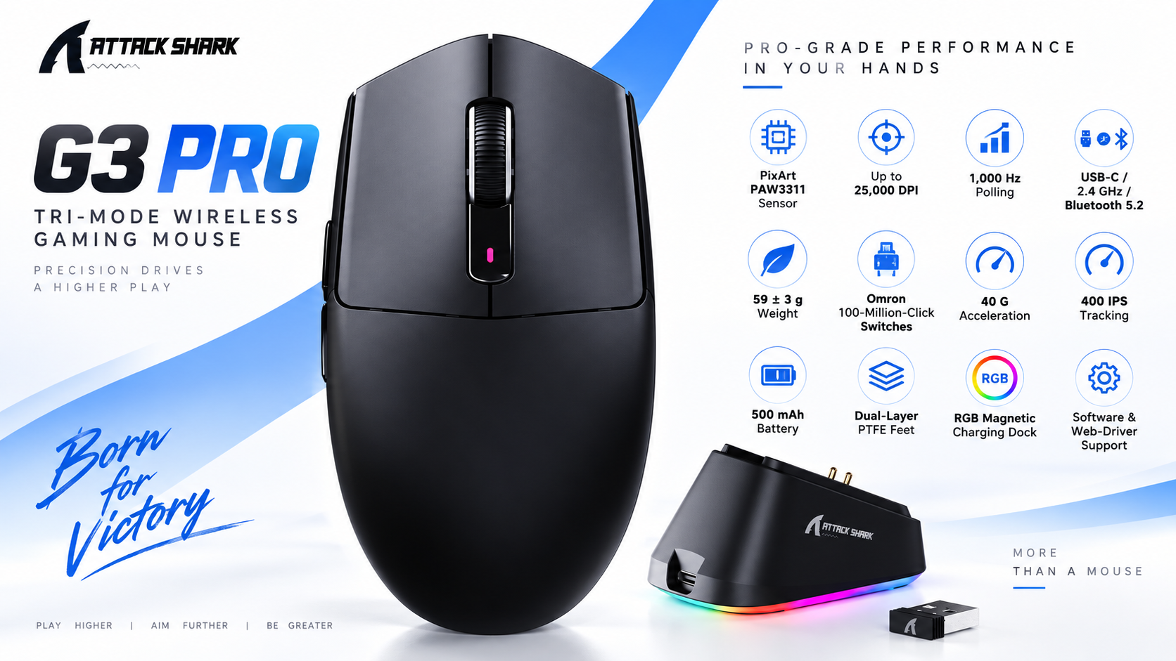 ATTACK SHARK G3 PRO Tri-Mode Wireless Gaming Mouse Black with RGB Charging Dock Overview