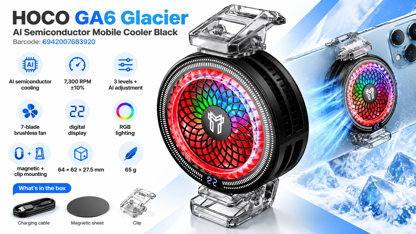 HOCO GA6 Glacier AI Semiconductor Mobile Cooler Black Overview