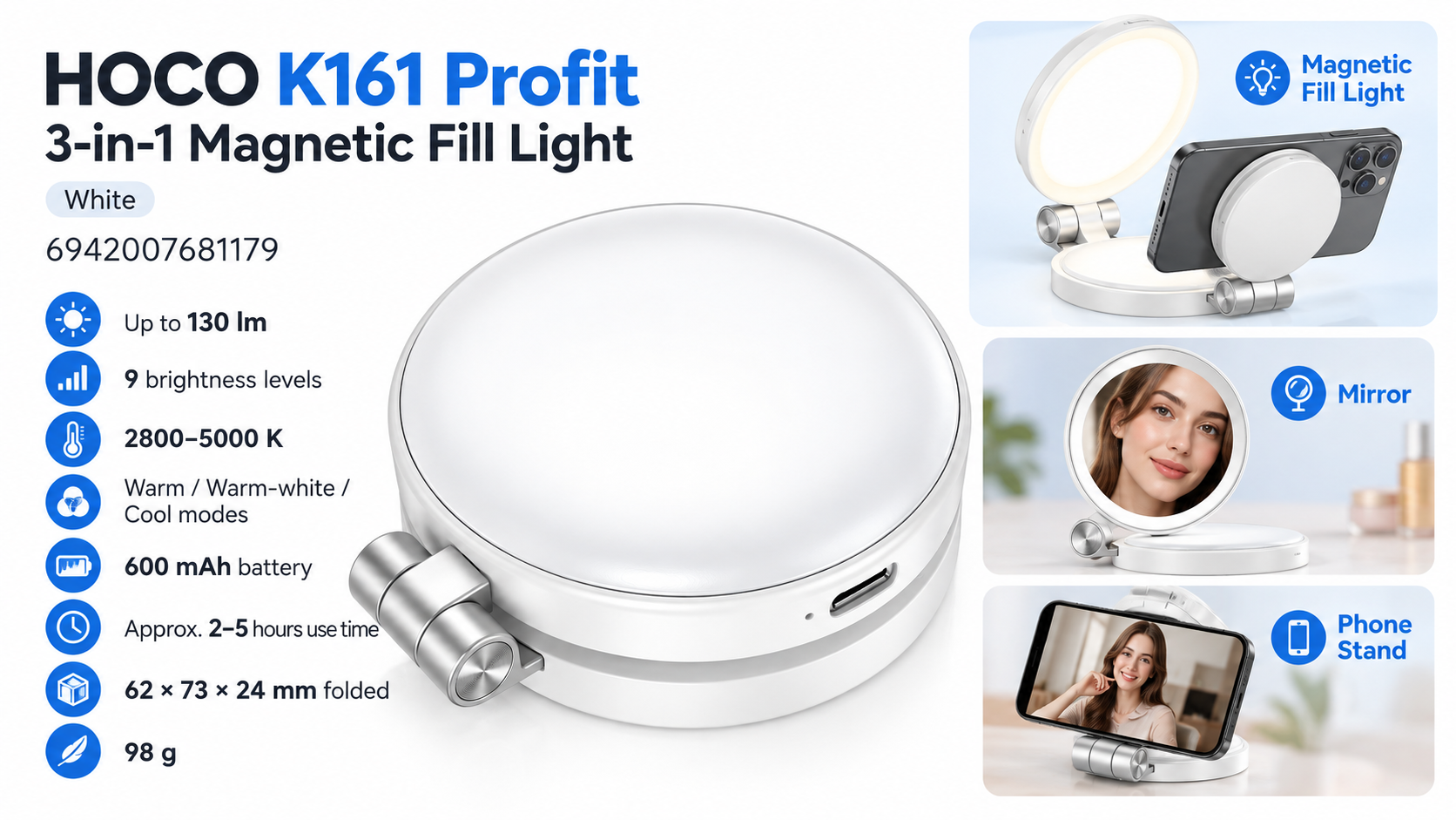 HOCO K161 Profit 3-in-1 Magnetic Fill Light White with Mirror and Phone Stand Overview