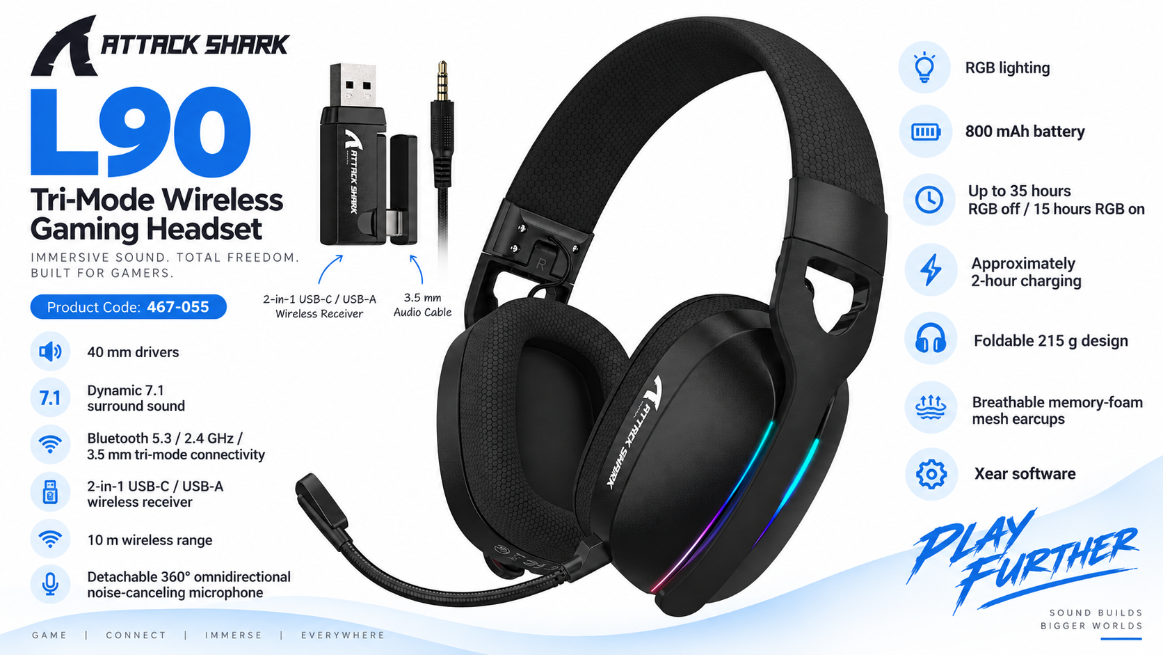 ATTACK SHARK L90 Tri-Mode Wireless Gaming Headset Black with RGB and 7.1 Surround Overview