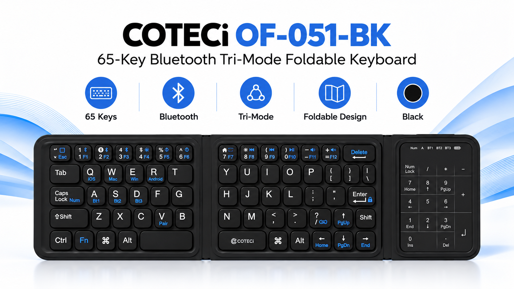 COTECi OF-051-BK 65-Key Bluetooth Tri-Mode Foldable Keyboard Black Overview
