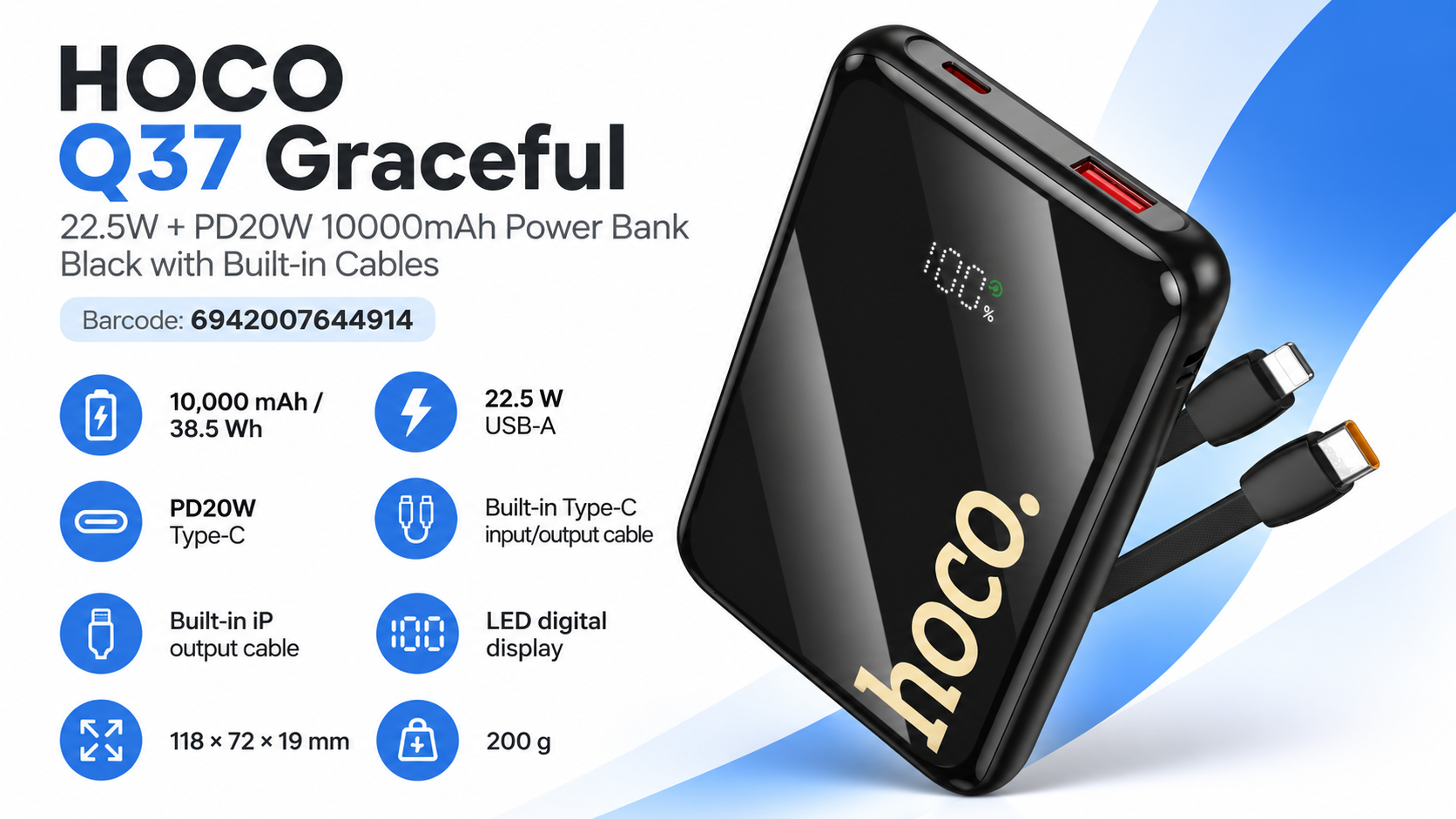 HOCO Q37 Graceful 22.5W PD20W 10000mAh Power Bank Black with Built-in Cables Overview