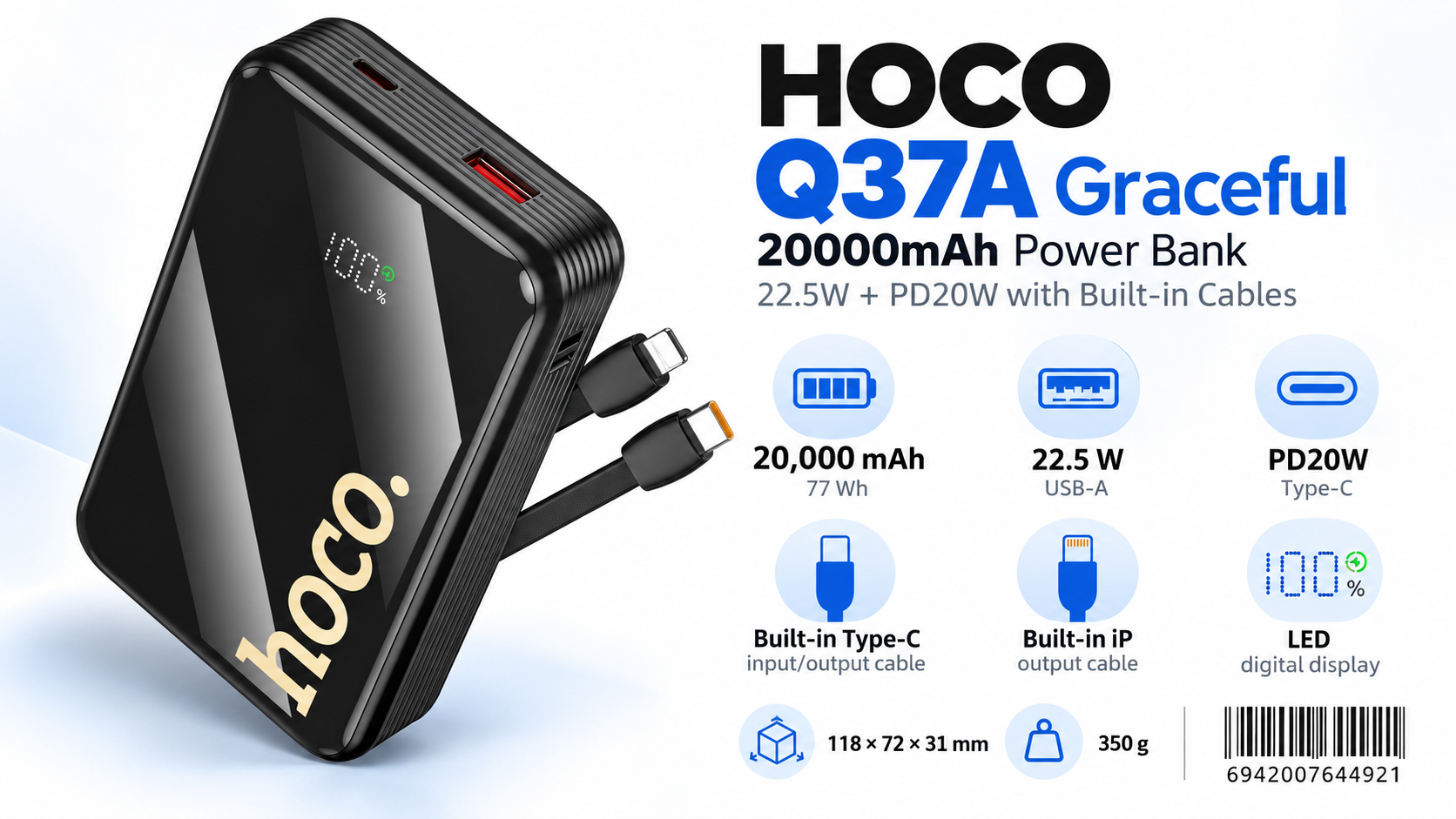 HOCO Q37A Graceful 22.5W PD20W 20000mAh Power Bank Black with Built-in Cables Overview