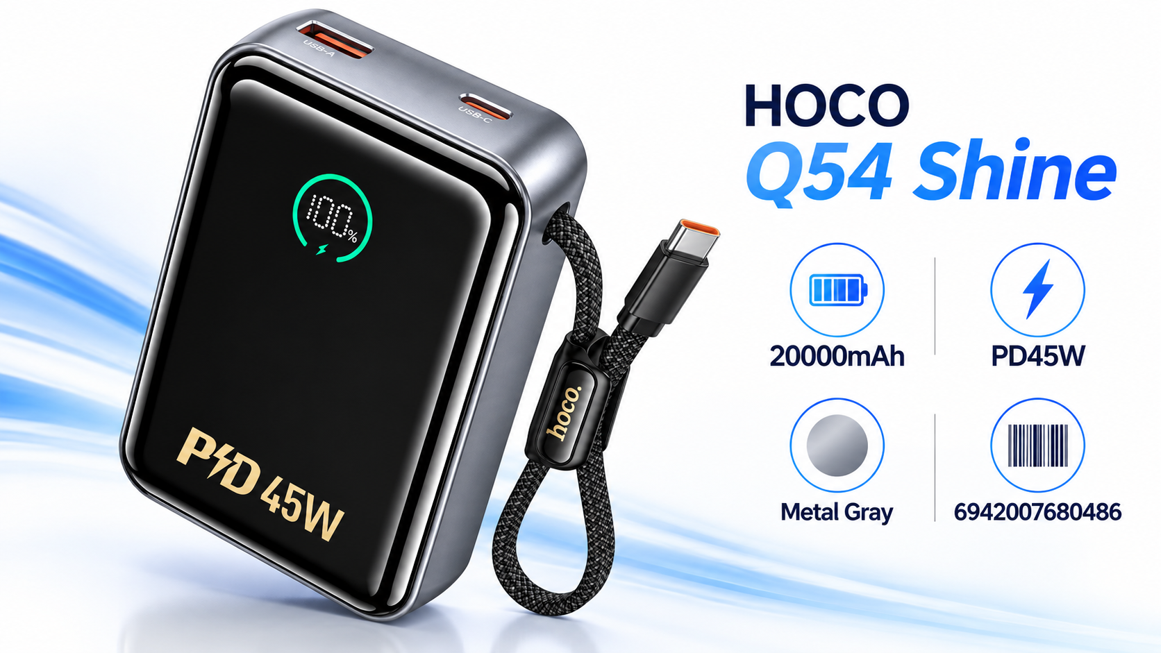 HOCO Q54 Shine PD45W 20000mAh Power Bank Metal Gray Overview