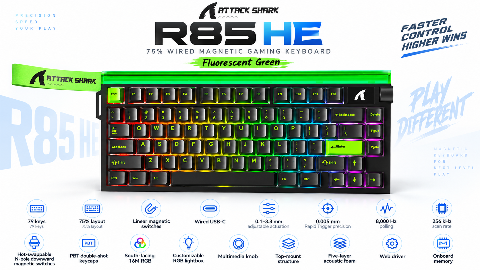 ATTACK SHARK R85 HE 75% Wired Magnetic Gaming Keyboard Fluorescent Green Overview