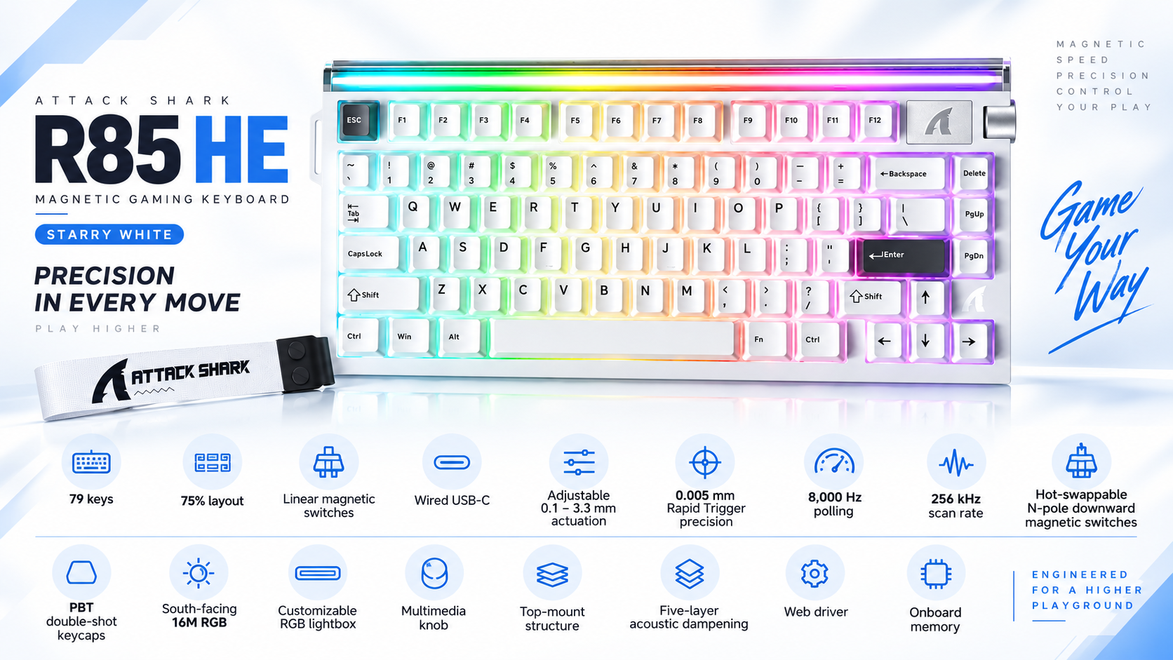 ATTACK SHARK R85 HE 75% Wired Magnetic Gaming Keyboard Starry White Overview