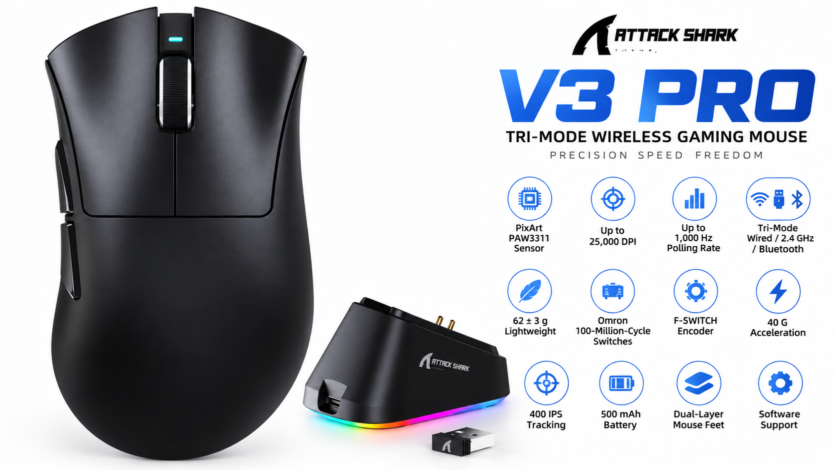 ATTACK SHARK V3 PRO Tri-Mode Wireless Gaming Mouse Black with RGB Charging Dock Overview